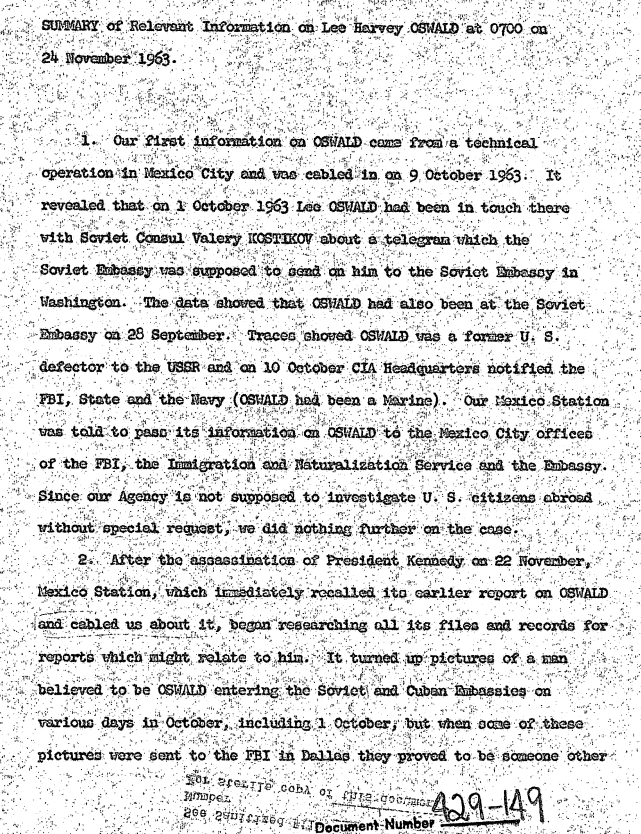A summary of information on Lee Harbvey Oswald.