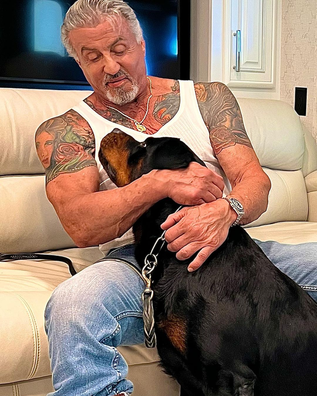 Sylvester Stallone's tattoos. Sylvester Stallone and dog Dwight.