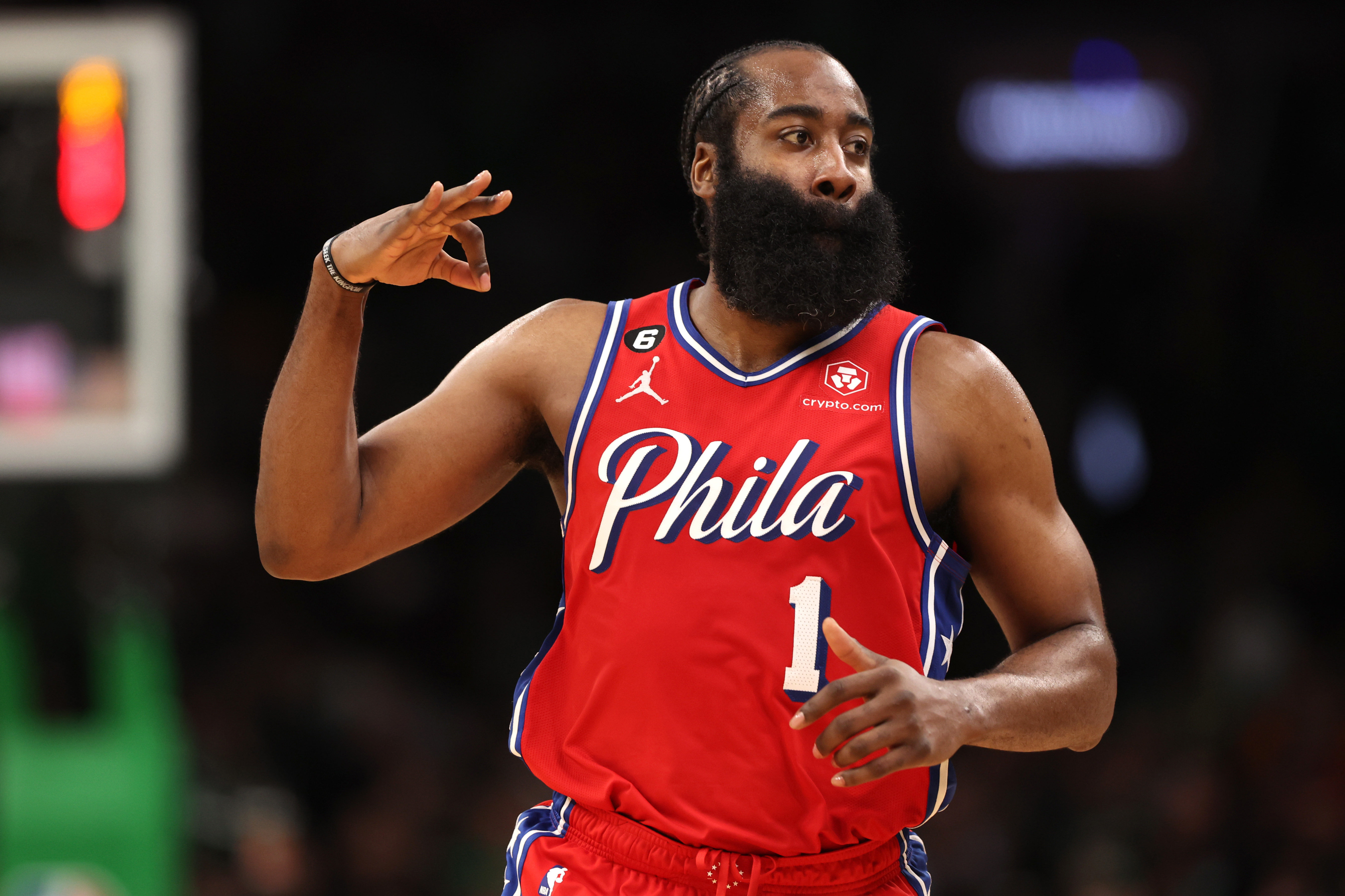 BOSTON, MASSACHUSETTS - MAY 01: James Harden #1 of the Philadelphia 76ers celebrates after hitting a three point shot during the second half against the Boston Celtics in game one of the Eastern Conference Second Round Playoffs at TD Garden on May 01, 2023 in Boston, Massachusetts. The 76ers defeat the Celtics 119-115. NOTE TO USER: User expressly acknowledges and agrees that, by downloading and or using this photograph, User is consenting to the terms and conditions of the Getty Images License 