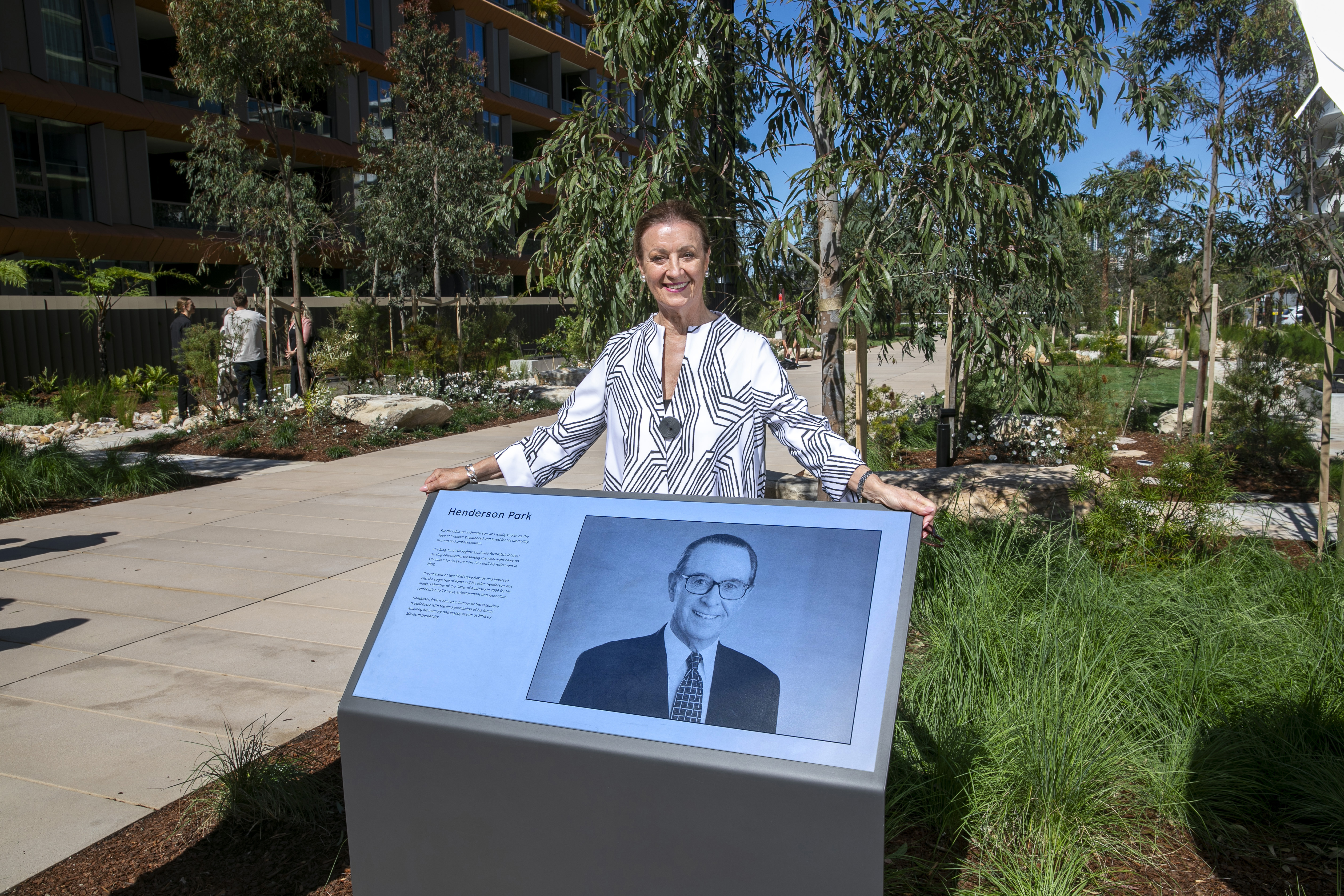 TV Legend Brian Henderson, has been honoured with the opening of Henderson Park at Nine by Mirvac, by his widow Mardi Henderson and current Nine Newsreader Peter Overton, and family & friends. Photography by Quentin Jones. 29 August 2024.