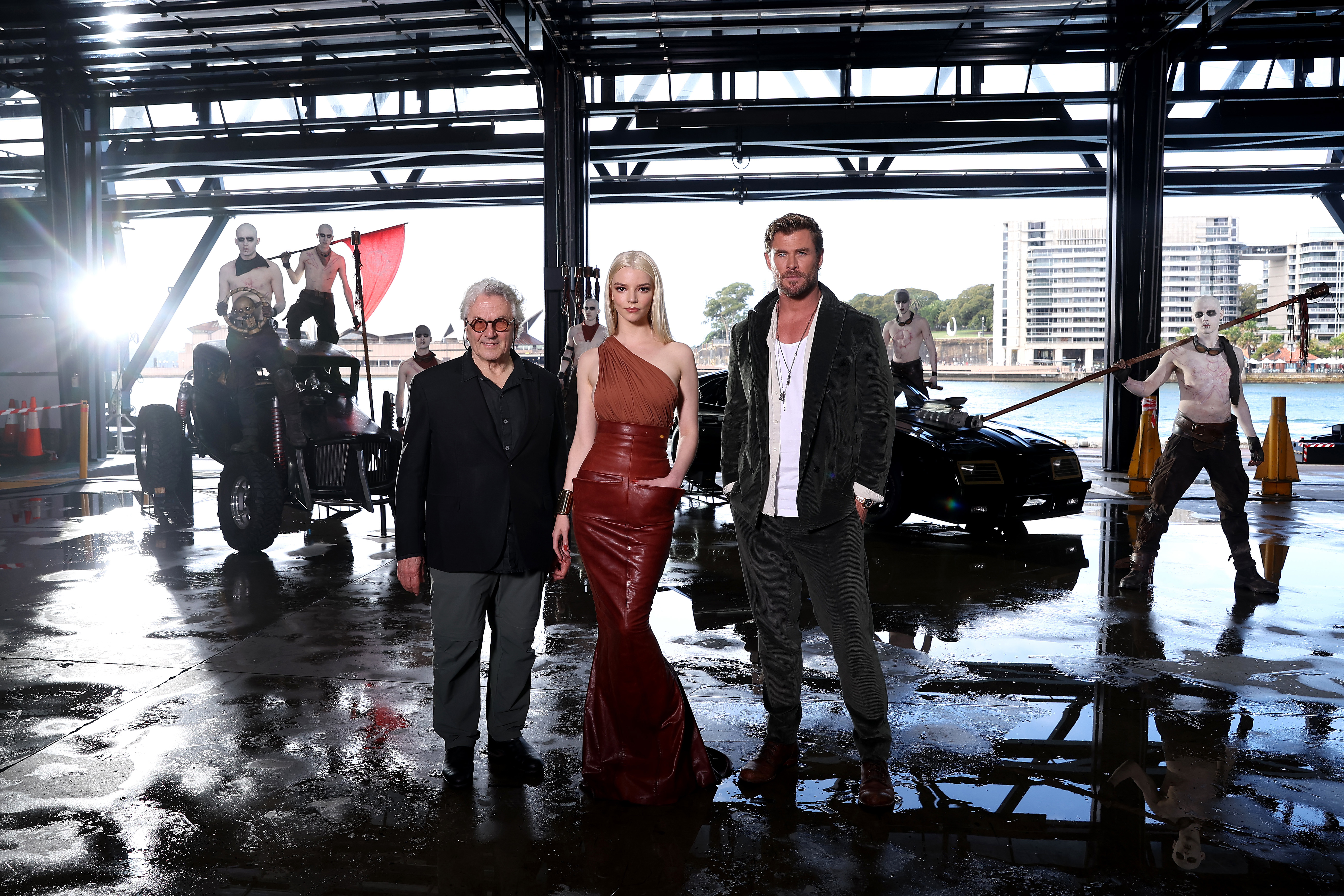 (L-R) George Miller, Anya Taylor-Joy and Chris Hemsworth attend the media call for "Furiosa: A Mad Max Saga" at the Overseas Passenger Terminal, Circular Quay on May 01, 2024 in Sydney 