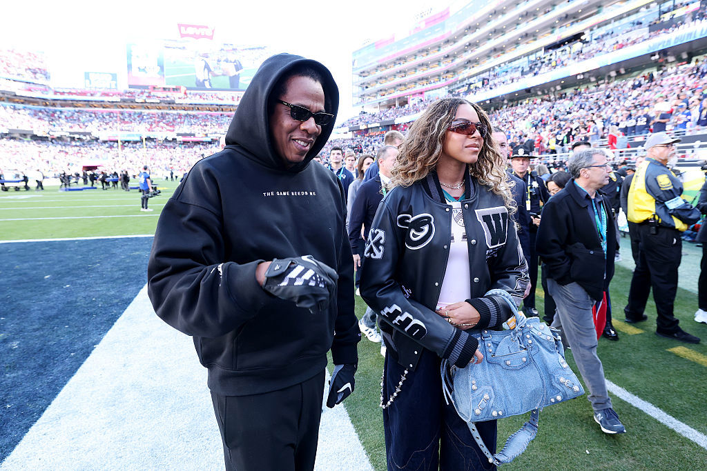 Jay-Z and daughter Blue Ivy Carter prior to the start of Super Bowl LX  between the Seattle Seahawks and the New England Patriots at Levi's Stadium on February 08, 2026 in Santa Clara, California. 