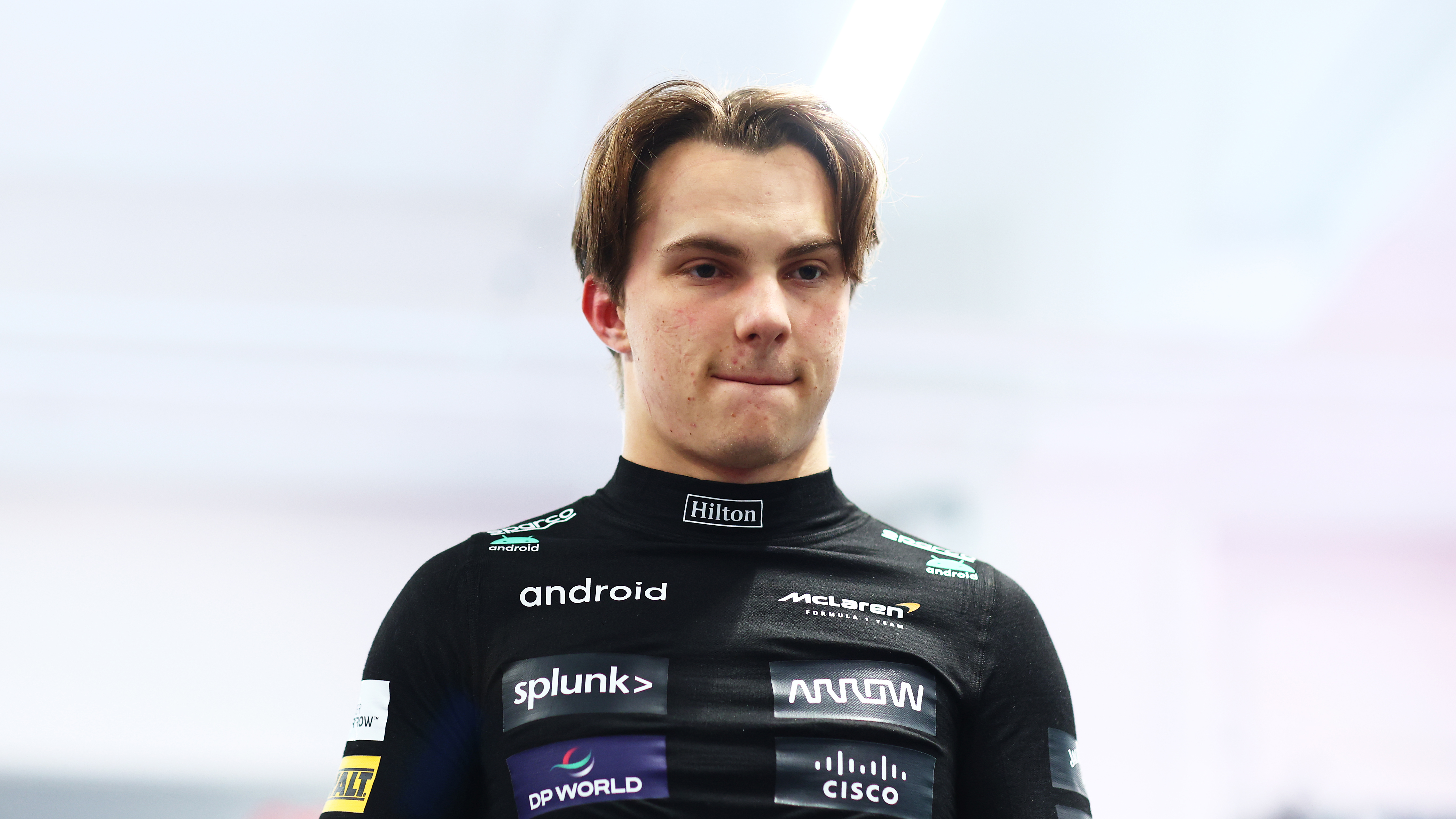 Oscar Piastri looks on in the FIA garage after qualifying for the Las Vegas Grand Prix.