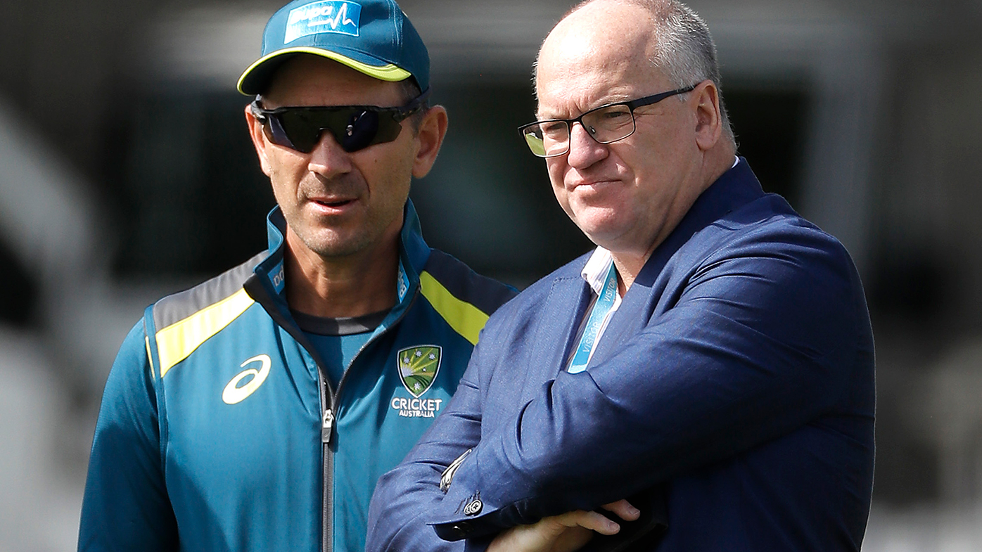 National coach Justin Langer with outgoing chairman of Cricket Australia Earl Eddings.