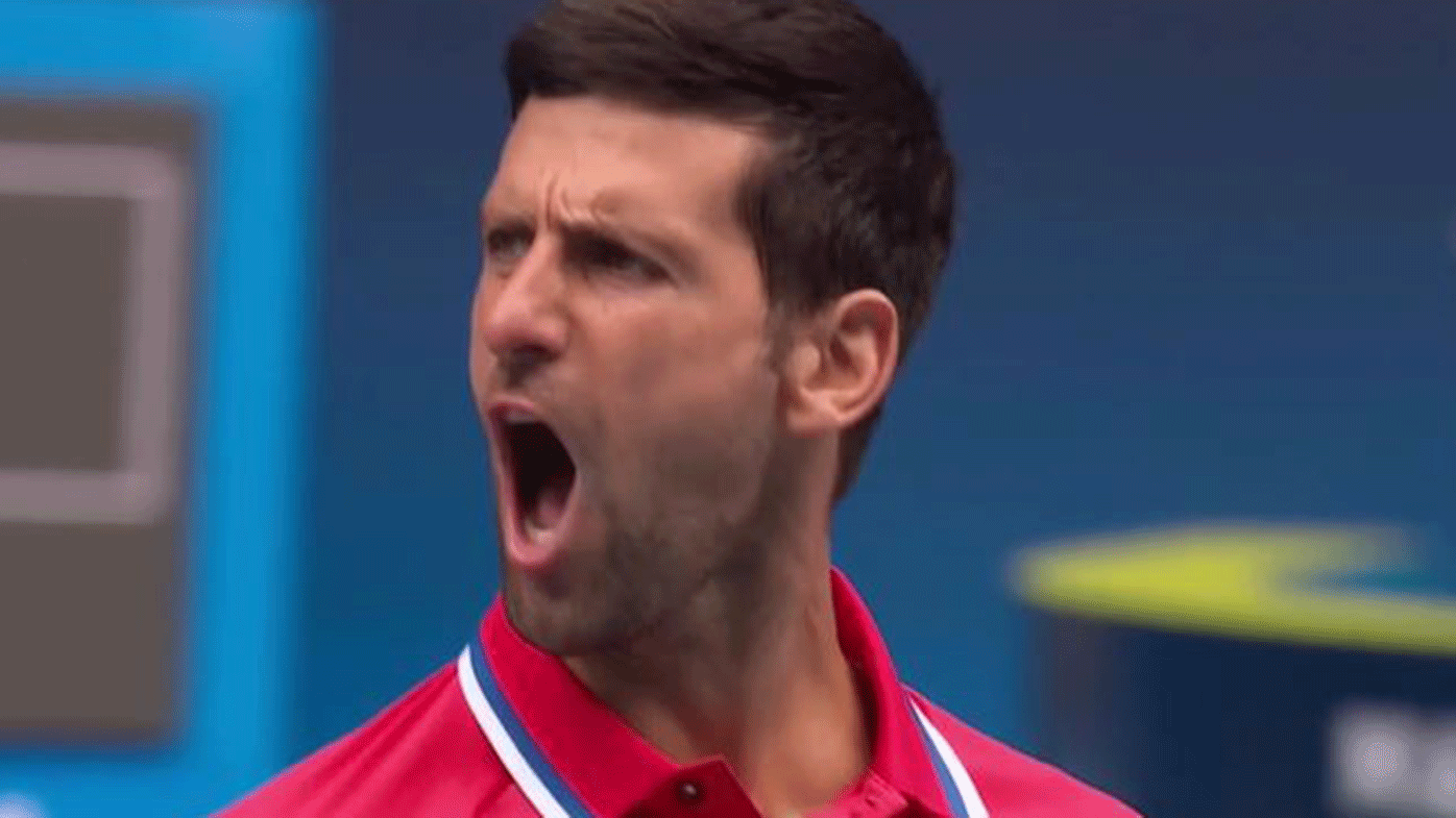 Novak Djokovic reacts after taking the first set against Denis Shapovalov at the ATP Cup.