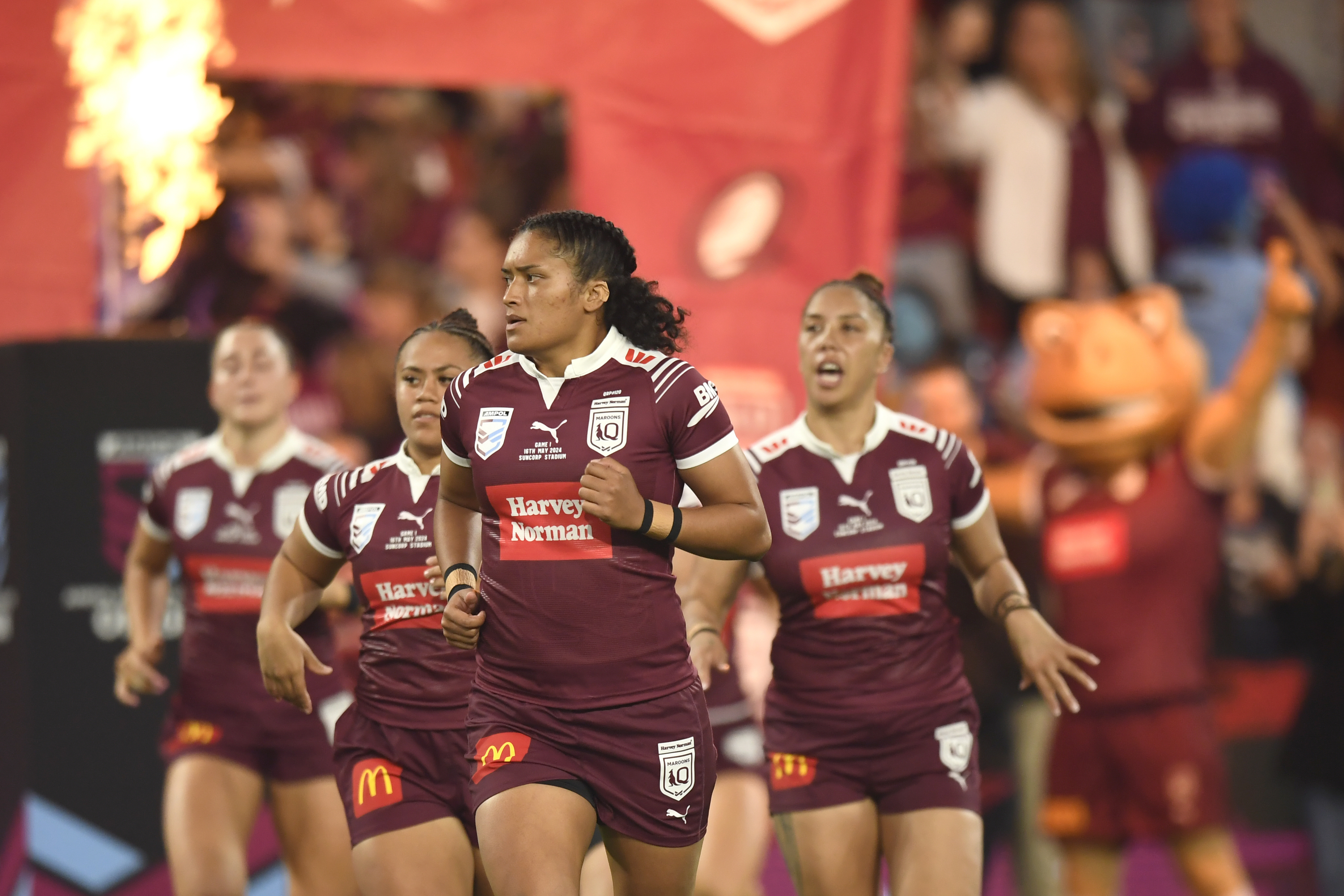 Zahara Temara runs out for Queensland during the Women's State of Origin series-opener at Suncorp Stadium.