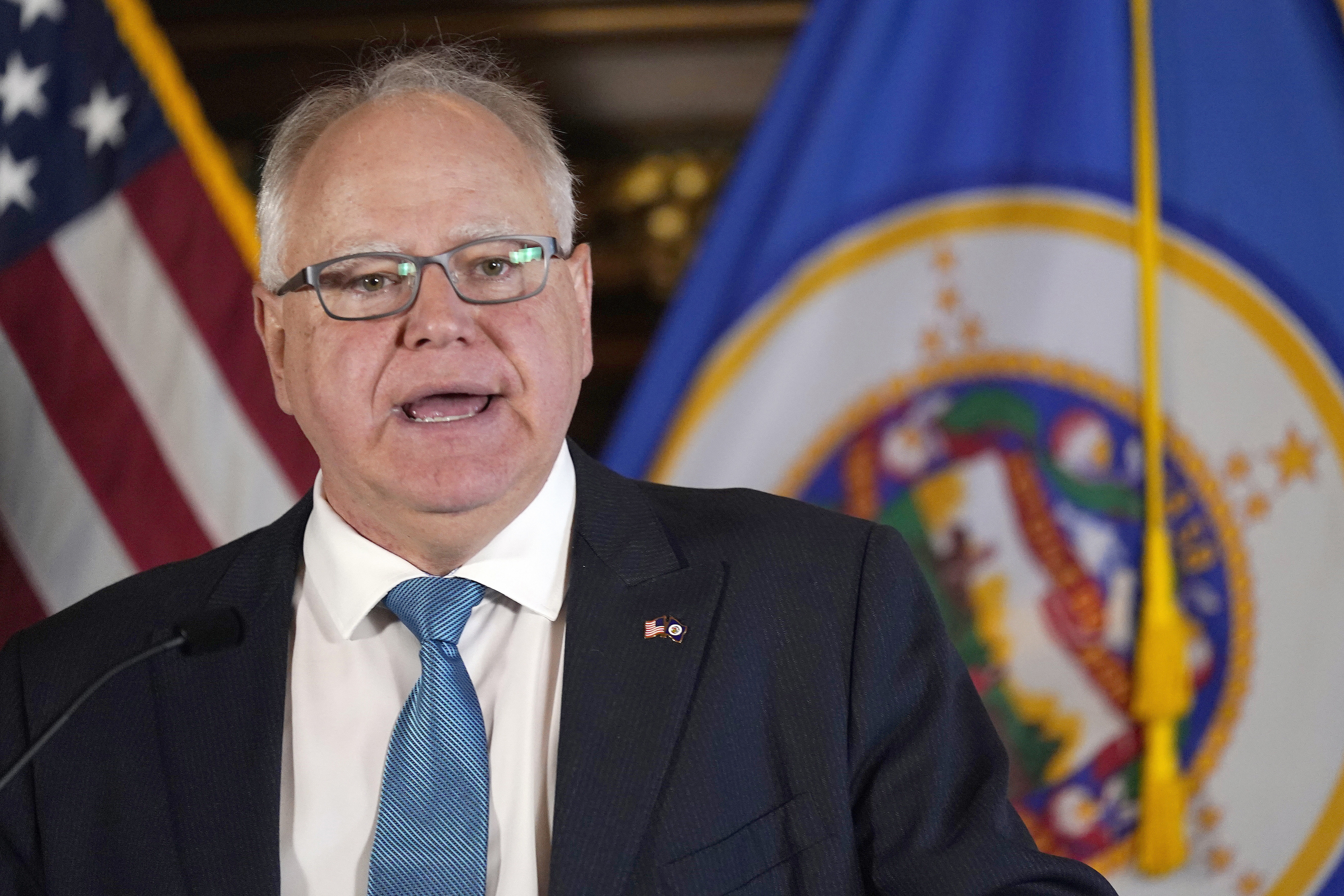 Minnesota Gov. Tim Walz speaks to the media, Nov. 9, 2022, in St. Paul, Minn 