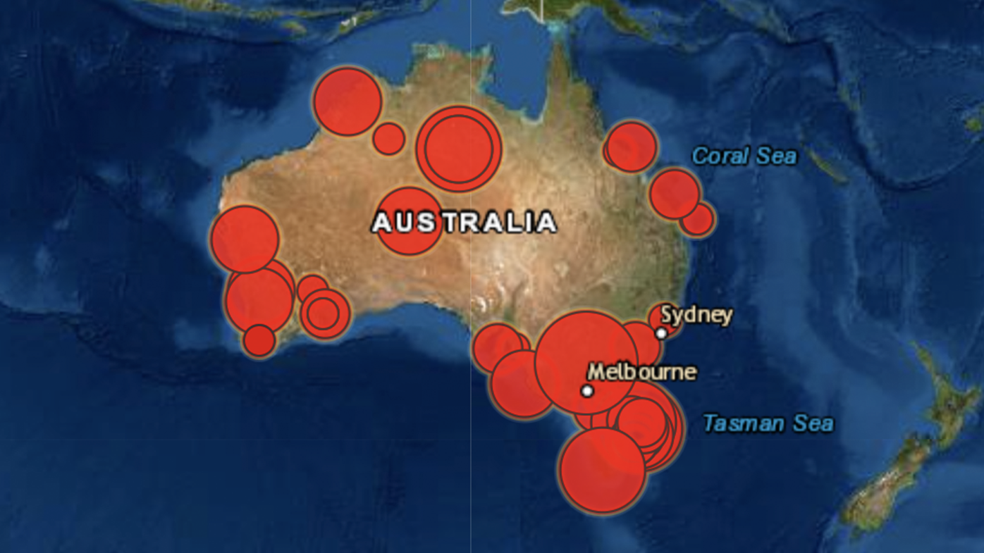 The locations of Australia's most significant earthquakes.
