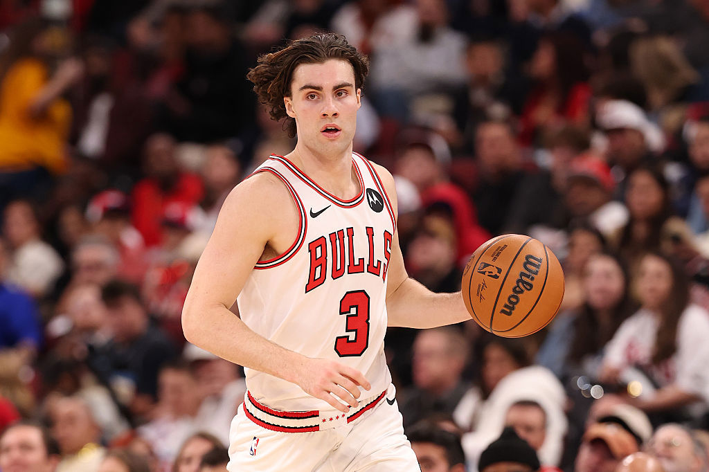 Josh Giddey of the Chicago Bulls dribbles up the court.