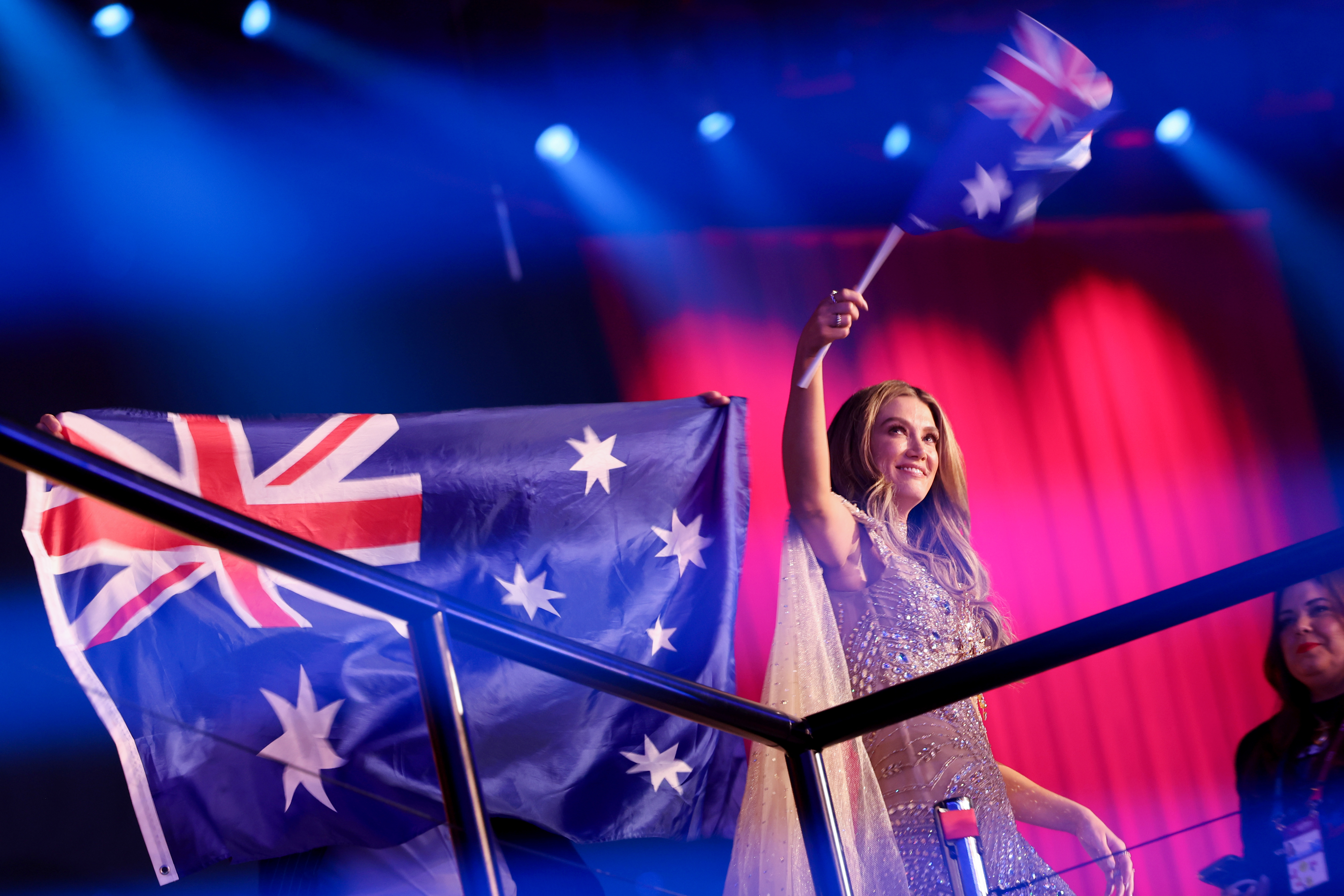 Delta Goodrem celebrates reaching the final in the second semi-final of the 70th Eurovision Song Contest (ESC) in Vienna's Stadthalle.