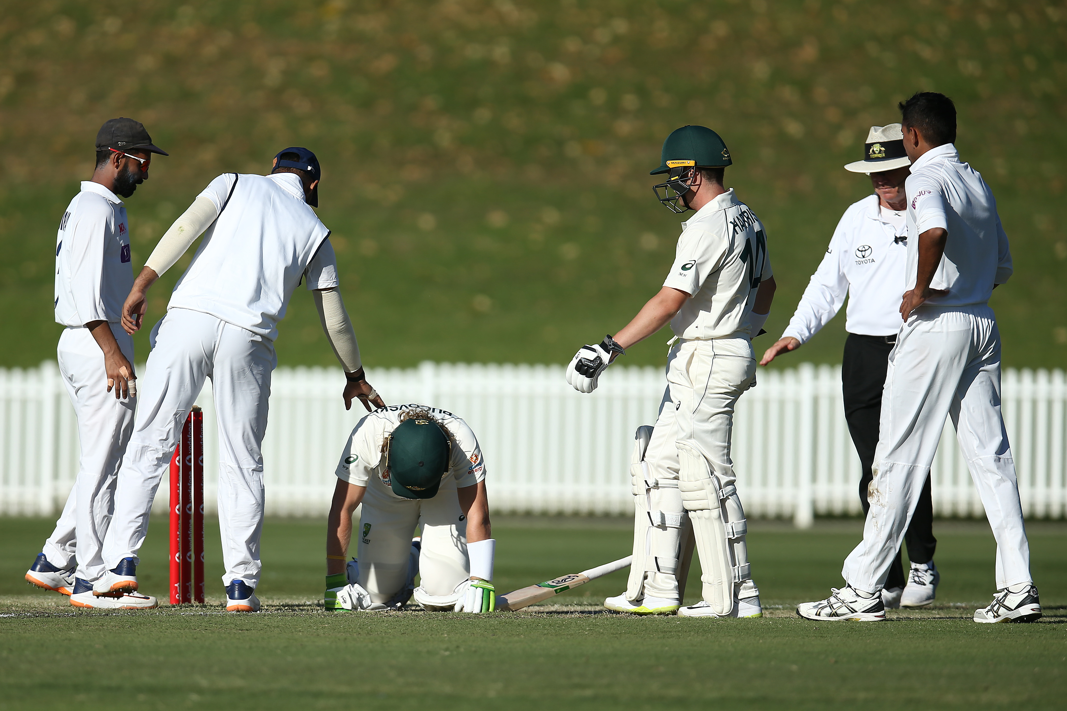 Will Pucovski of Australia A lies injured after been struck in the helmet.
