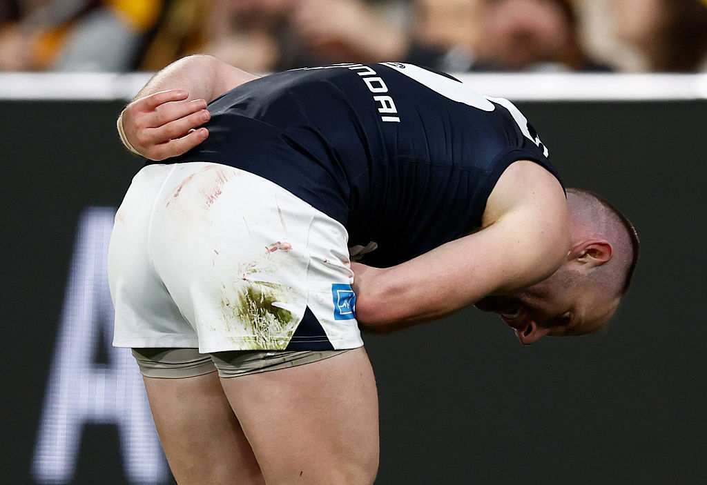 Sam Docherty of the Blues bows to the crowd.