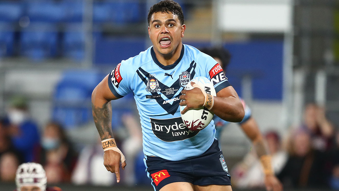  Latrell Mitchell of the Blues scores a try during game three of the 2021 State of Origin Series between the New South Wales Blues and the Queensland Maroons at Cbus Super Stadium on July 14, 2021 in Gold Coast, Australia. (Photo by Chris Hyde/Getty Images)