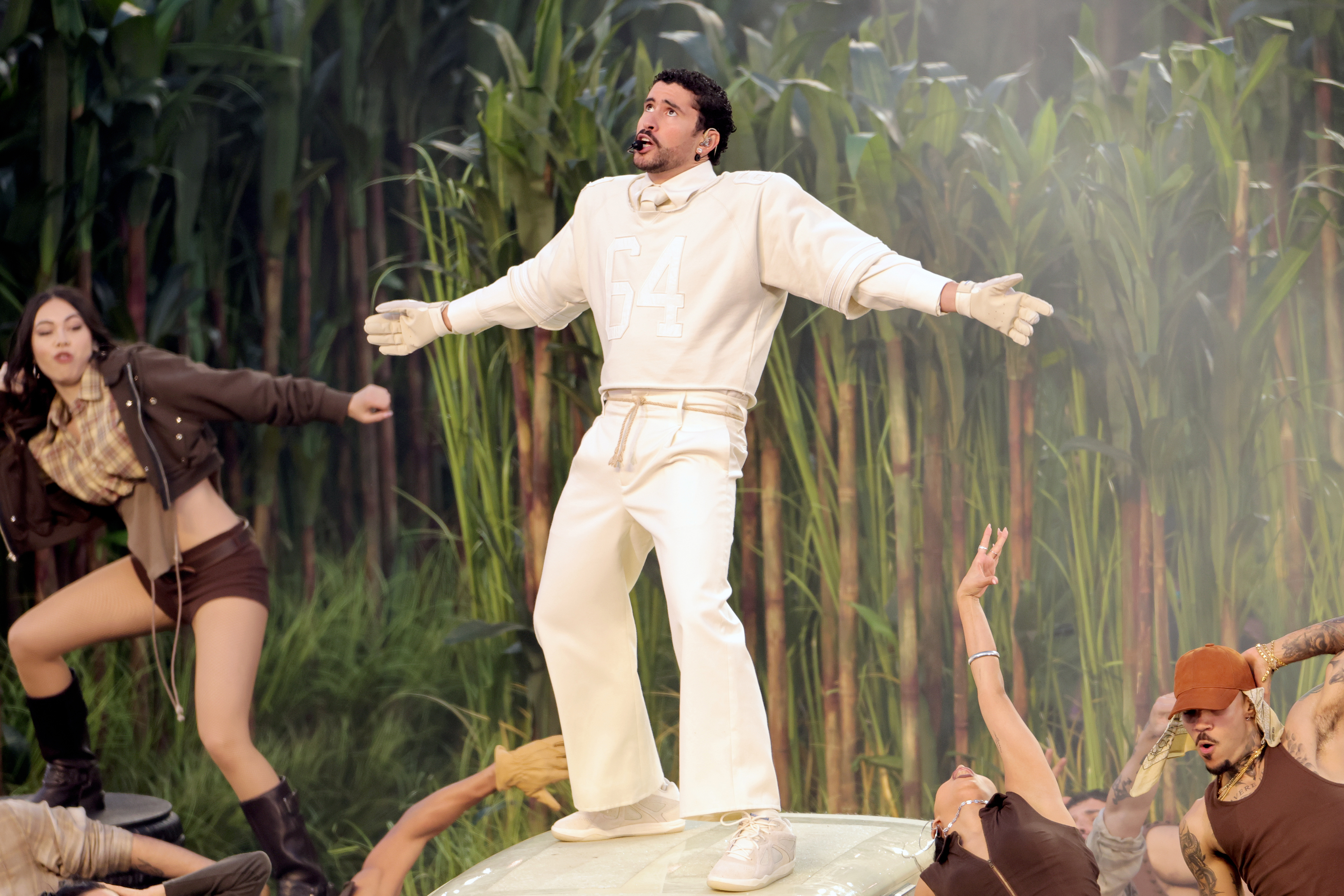 Bad Bunny performs onstage during the Apple Music Super Bowl LX Halftime Show at Levi's Stadium on February 8, 2026 in Santa Clara, California. 