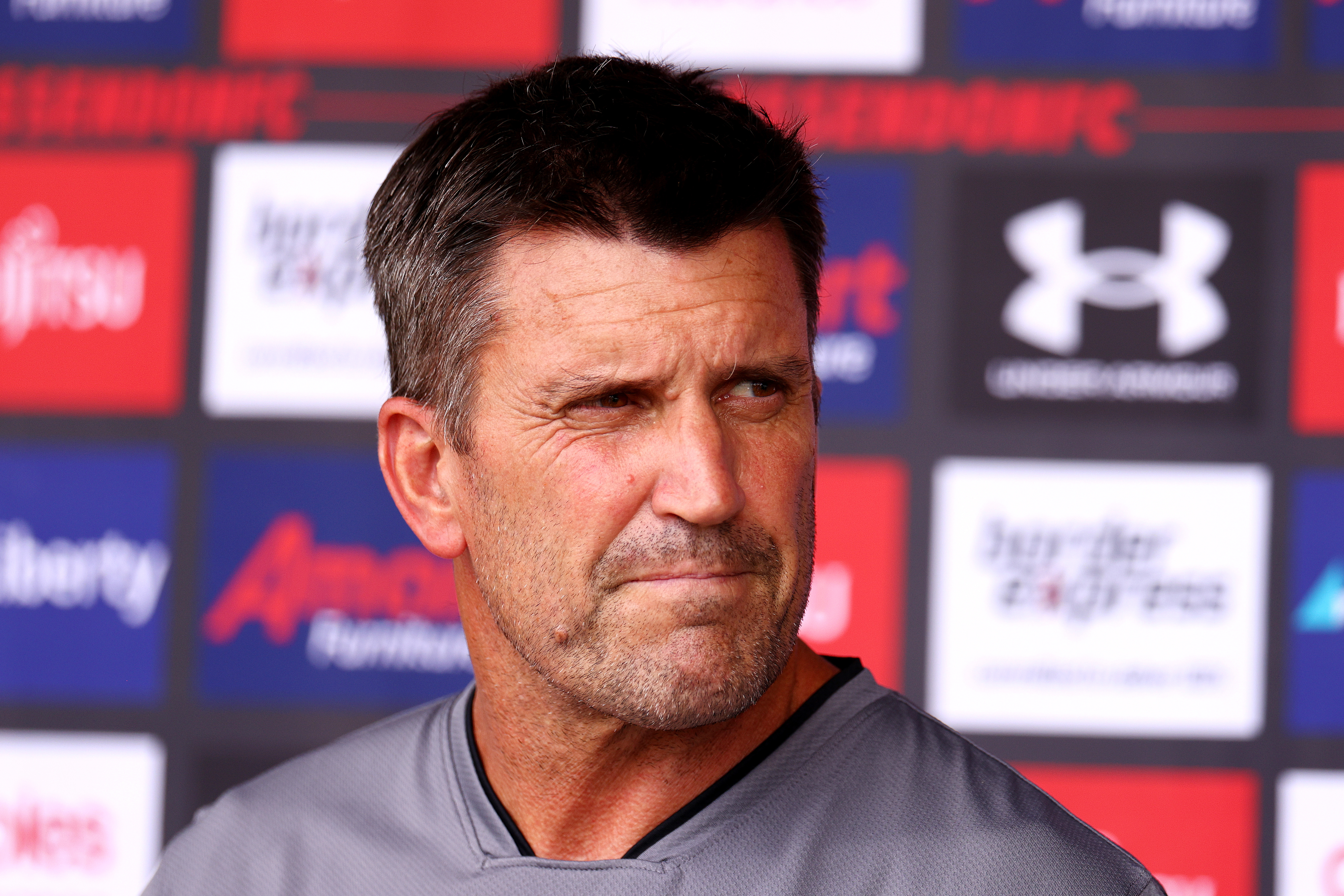 MELBOURNE, AUSTRALIA - FEBRUARY 16: Essendon Assistant Coach Dale Tapping talks to the media during an Essendon Bombers AFL intra club match at The Hangar on February 16, 2022 in Melbourne, Australia. (Photo by Jonathan DiMaggio/Getty Images)