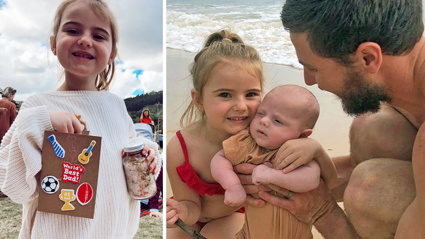 Summer van Koutrik, pictured with a card and gift she has made for Father's Day (left) and Mr Luke van Koutrik sharing a happy moment with his kids before they were seprated.