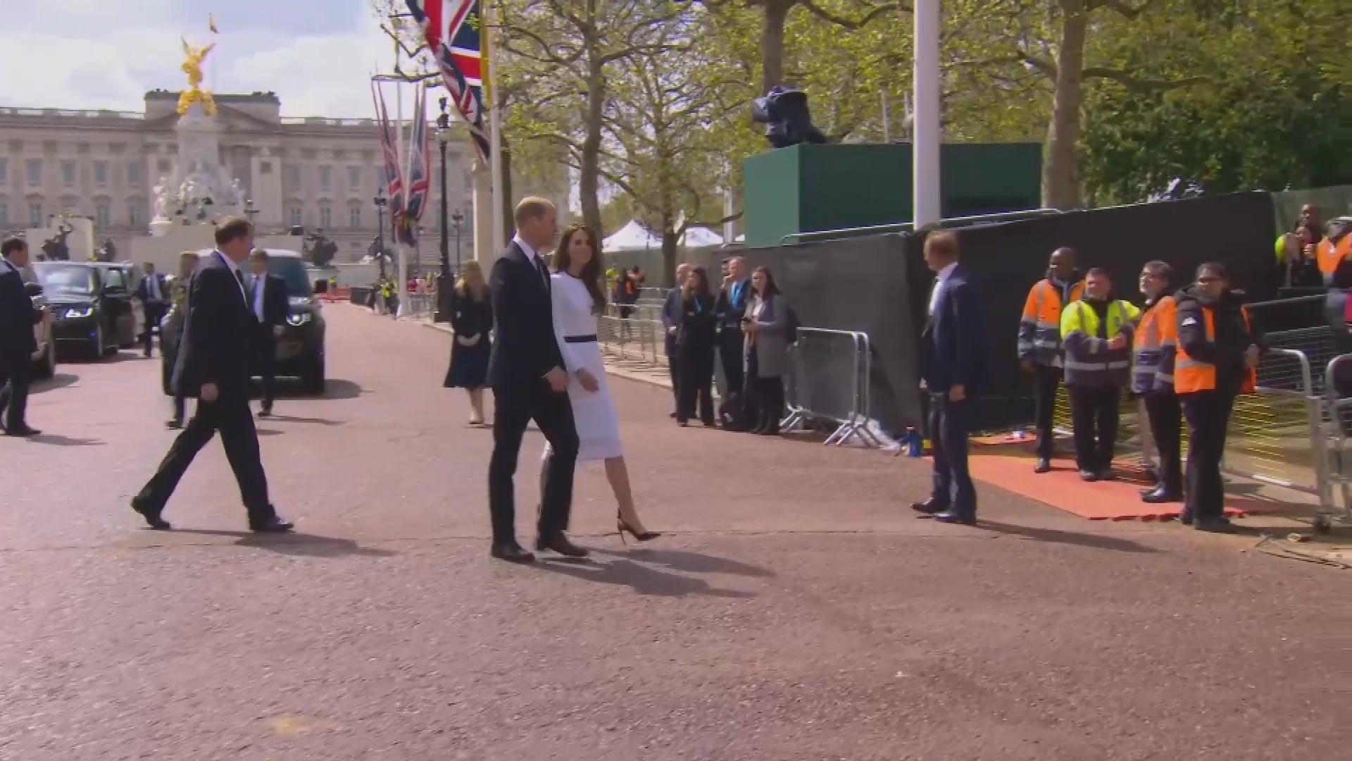 Prince William and Catherine meet crowds outside Buckingham Palace ahead of his Coronation.