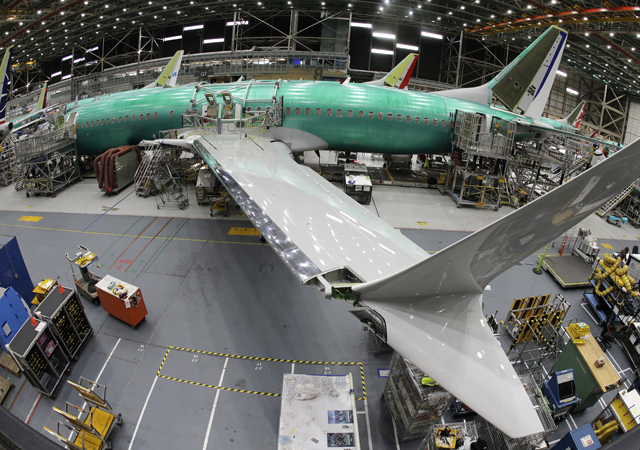 A Boeing 737 MAX 8 airplane sits on the assembly line in Boeing's 737 assembly facility in Renton, Washington.