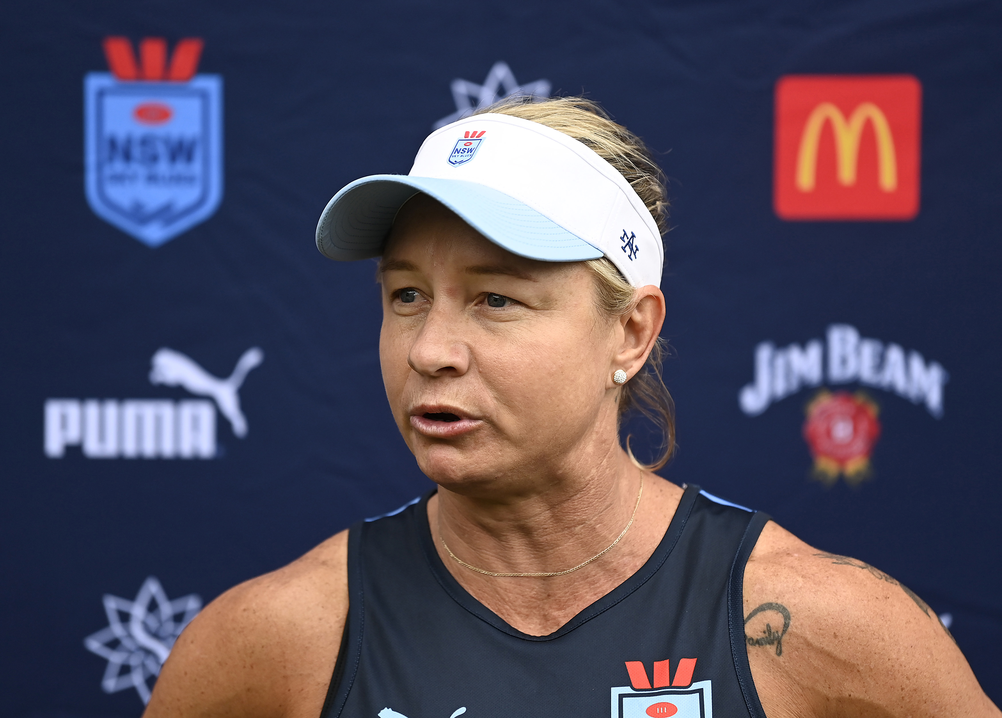 Blues coach Kylie Hilder speaks to media.