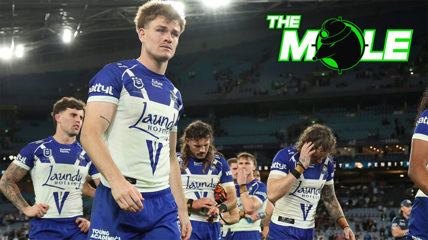 Lachlan Galvin and his Bulldogs teammates react to their semi final loss to the Panthers.