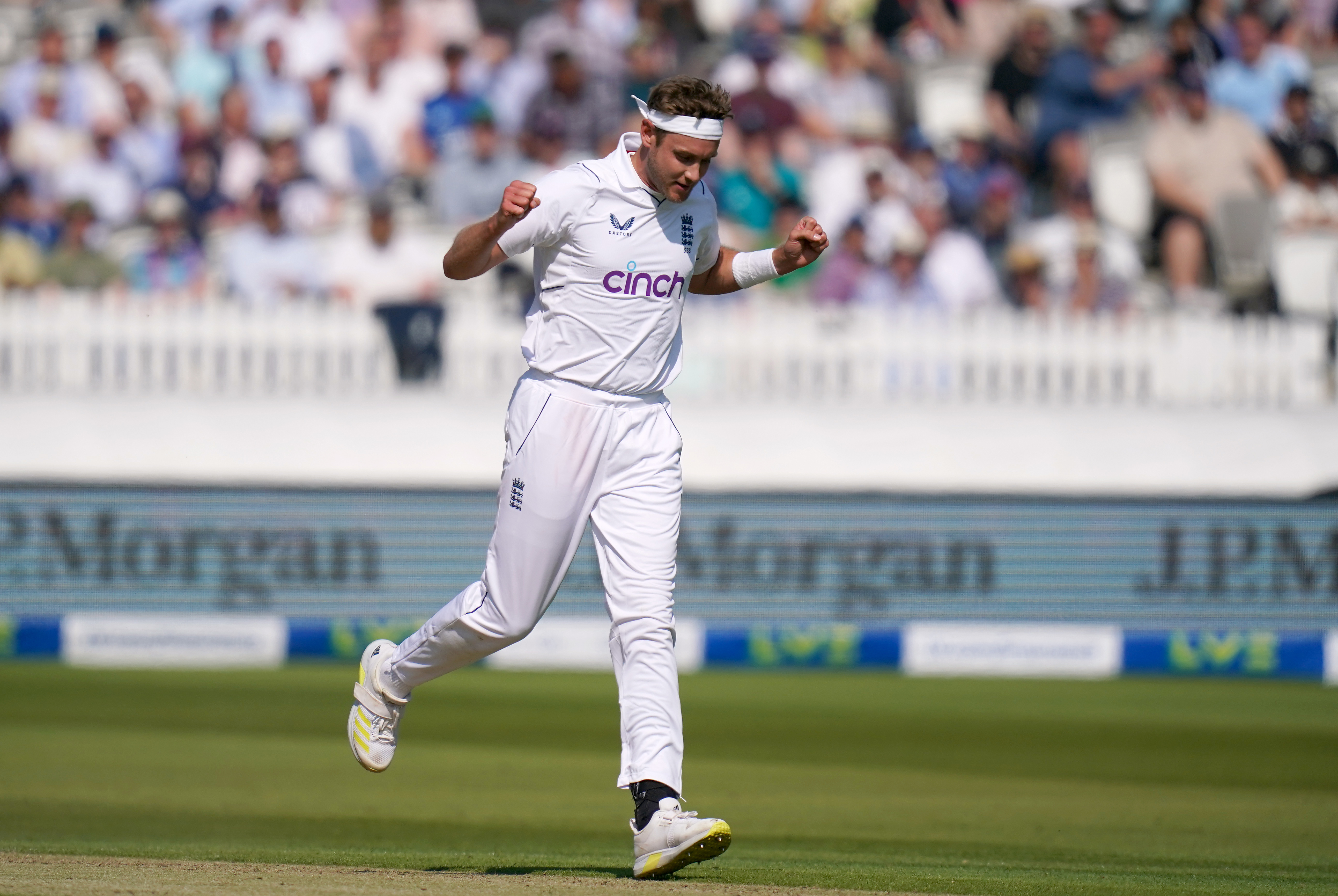 England's Stuart Broad celebrates taking the wicket of Ireland's Mark Adair (not pictured) during day one of the first LV= Insurance Test match at Lord's, London. Picture date: Thursday June 1, 2023. (Photo by John Walton/PA Images via Getty Images)