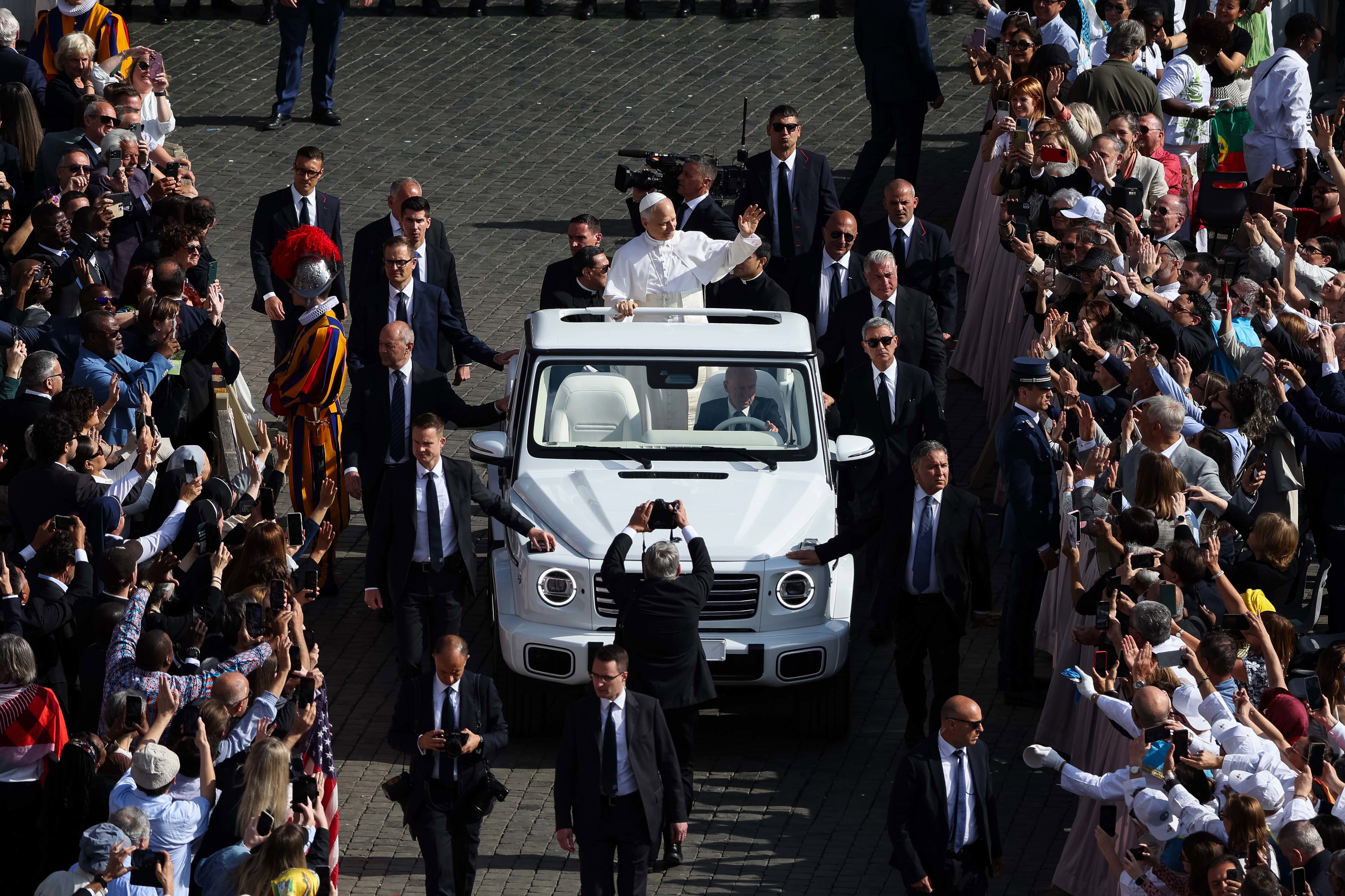 Pope Leo XIV greets visitors and worshippers ahead of the Inauguration Mass of Pope Leo XIV, at Vatican City 