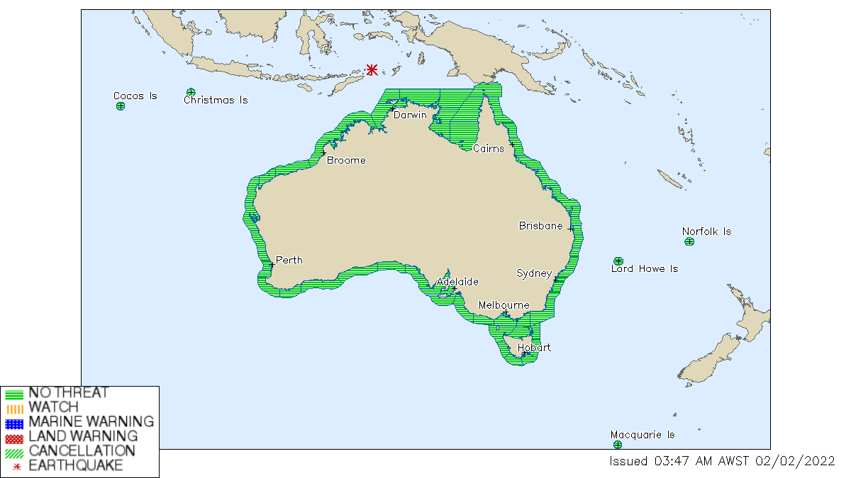 The Bureau of Meteorology said there's no tsunami threat to Australia after the quake.
