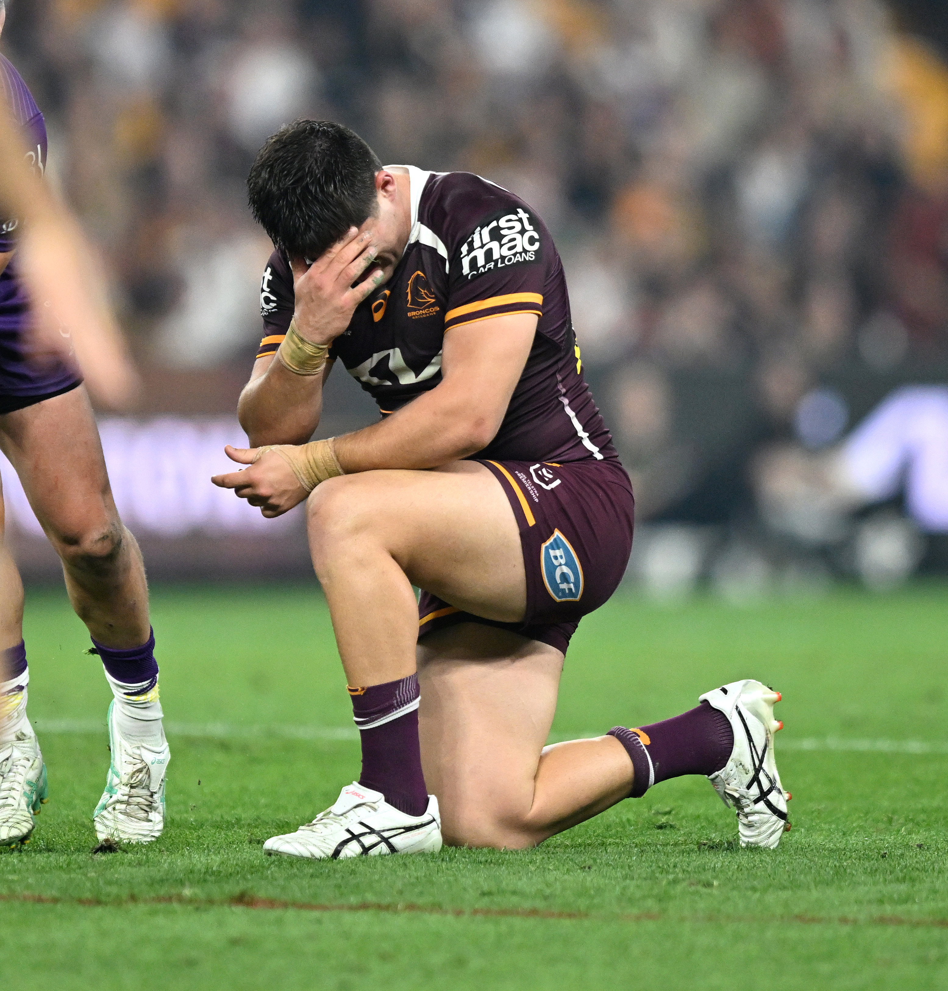 Ben Talty of the Brisbane Broncos reacts.