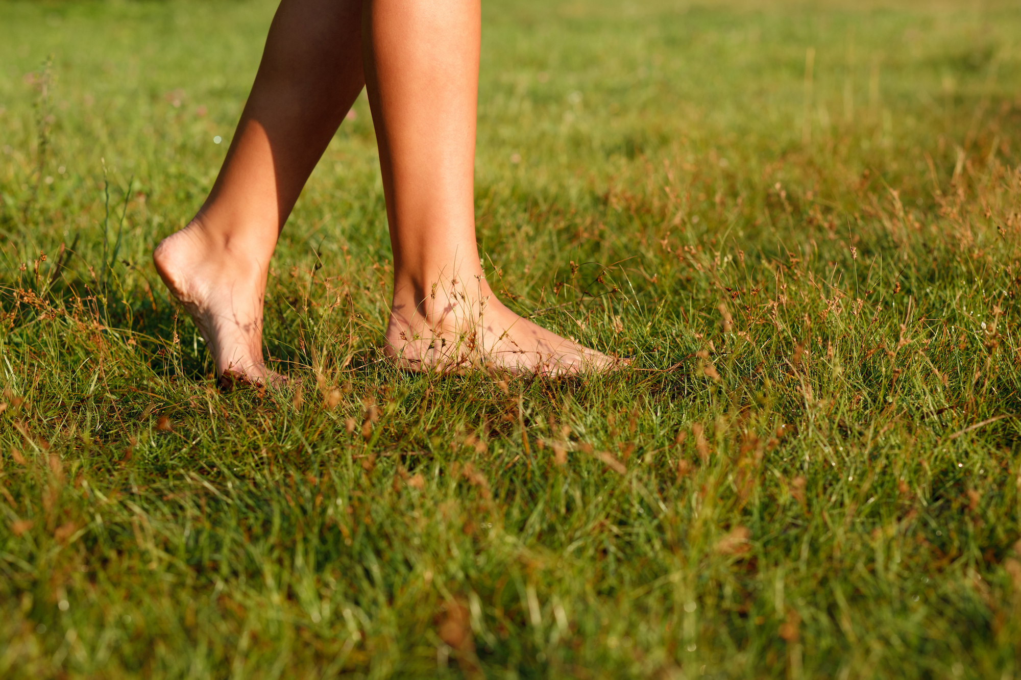 close-up of female legs walking on green grass barefoot
