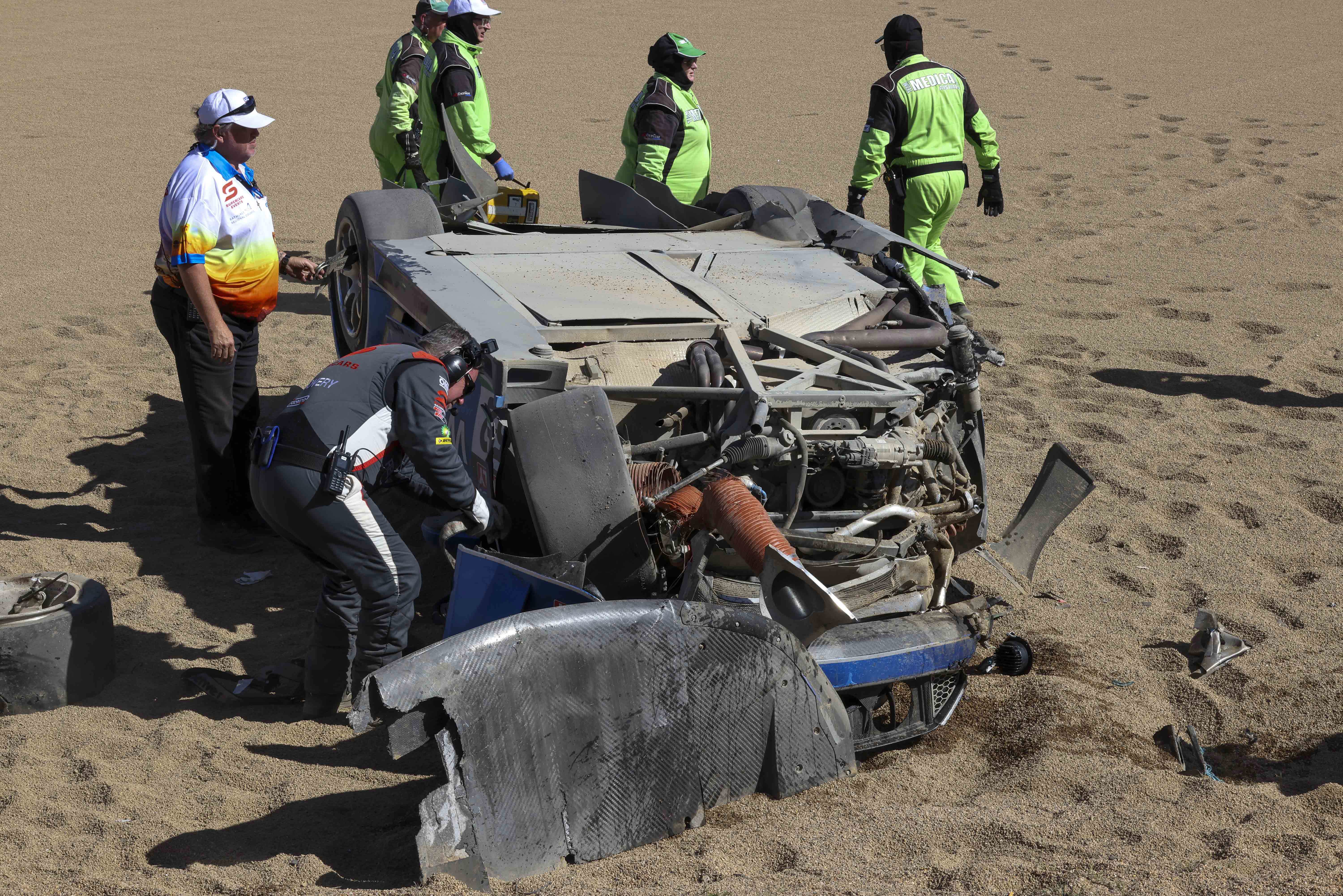 The MARC II V8 of Keith Kassulke came to rest upside down after a massive crash at the end of Friday practice for the Bathurst 12 hour at Mount Panorama.