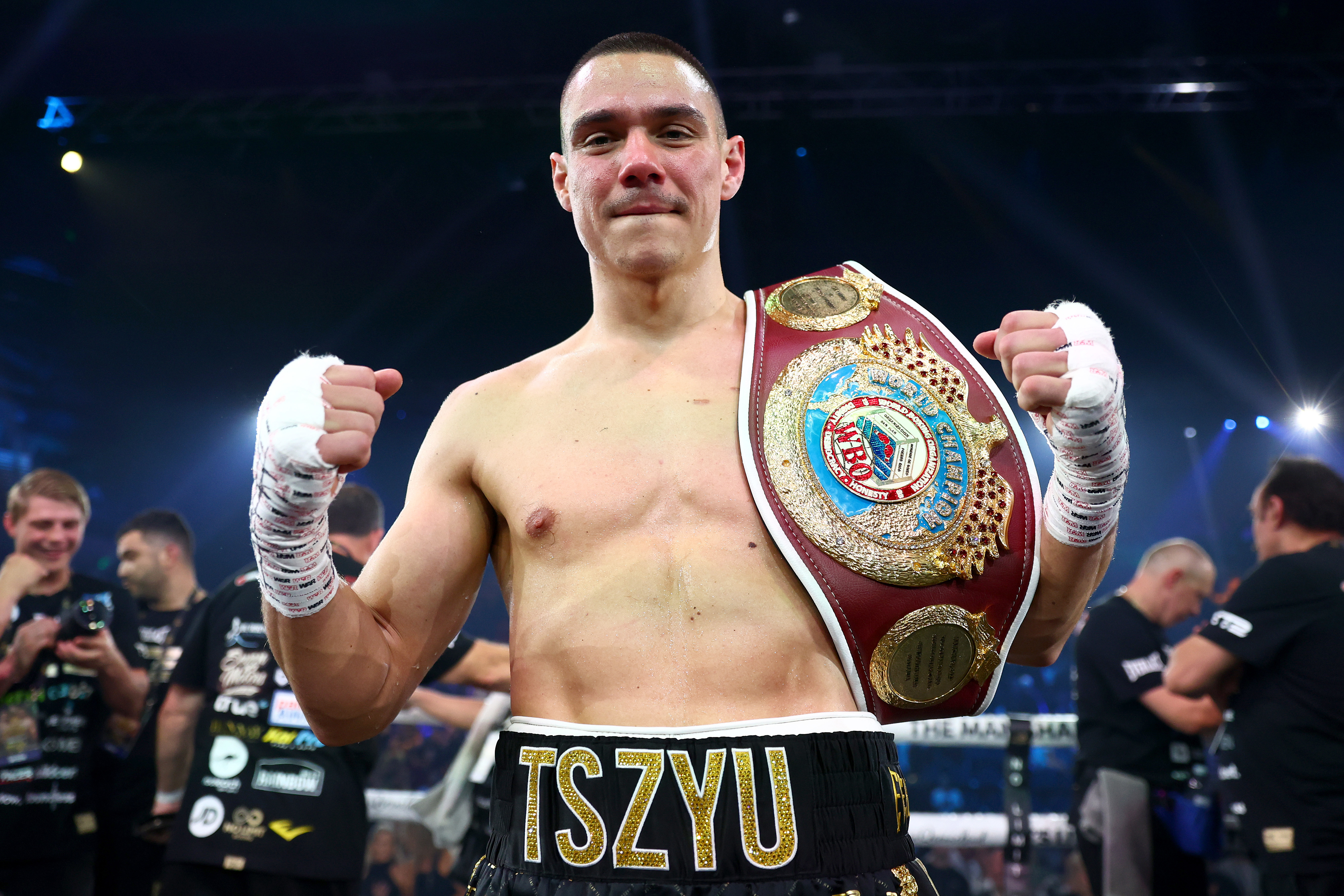 Tim Tszyu poses with the interim title belt after his win over Carlos Ocampo