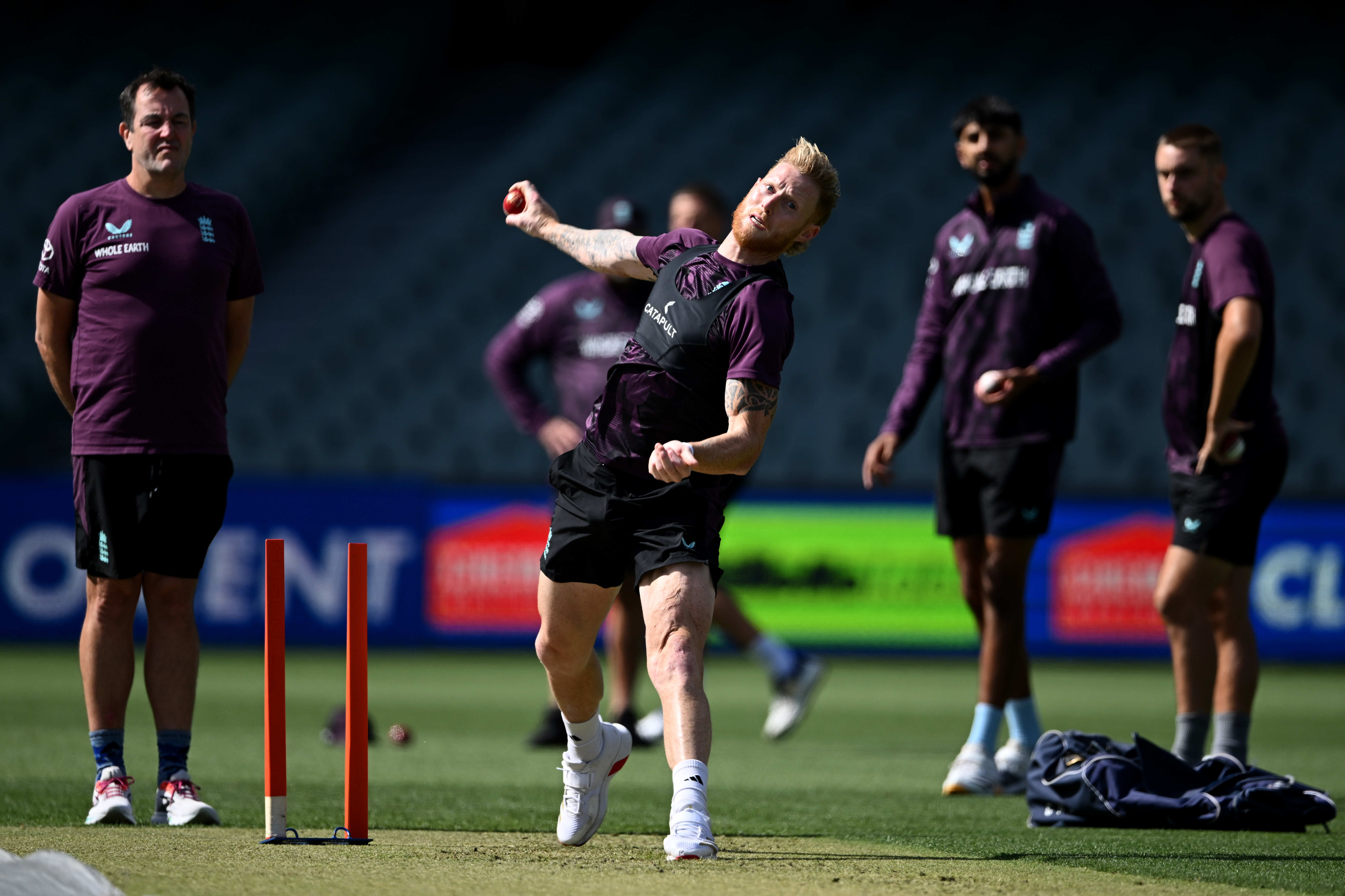 Ben Stokes bowls during an England nets session at Adelaide Oval.