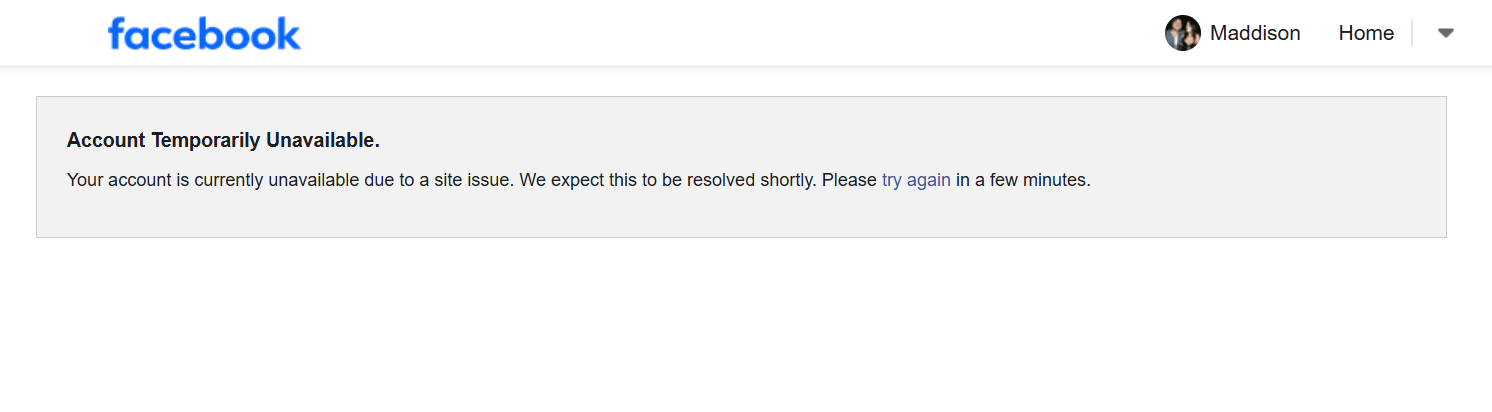 Facebook site issue error message.