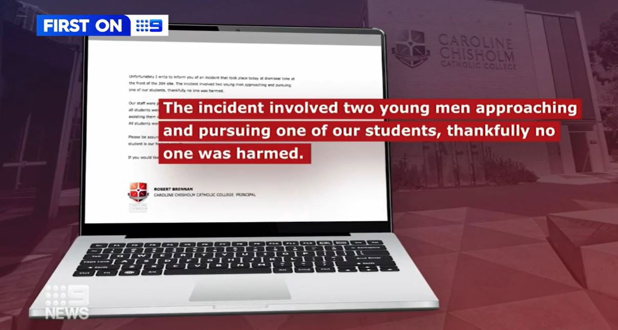 A teenage boy has escaped injury after two people allegedly chased him with machetes outside a school in Melbourne's west.
