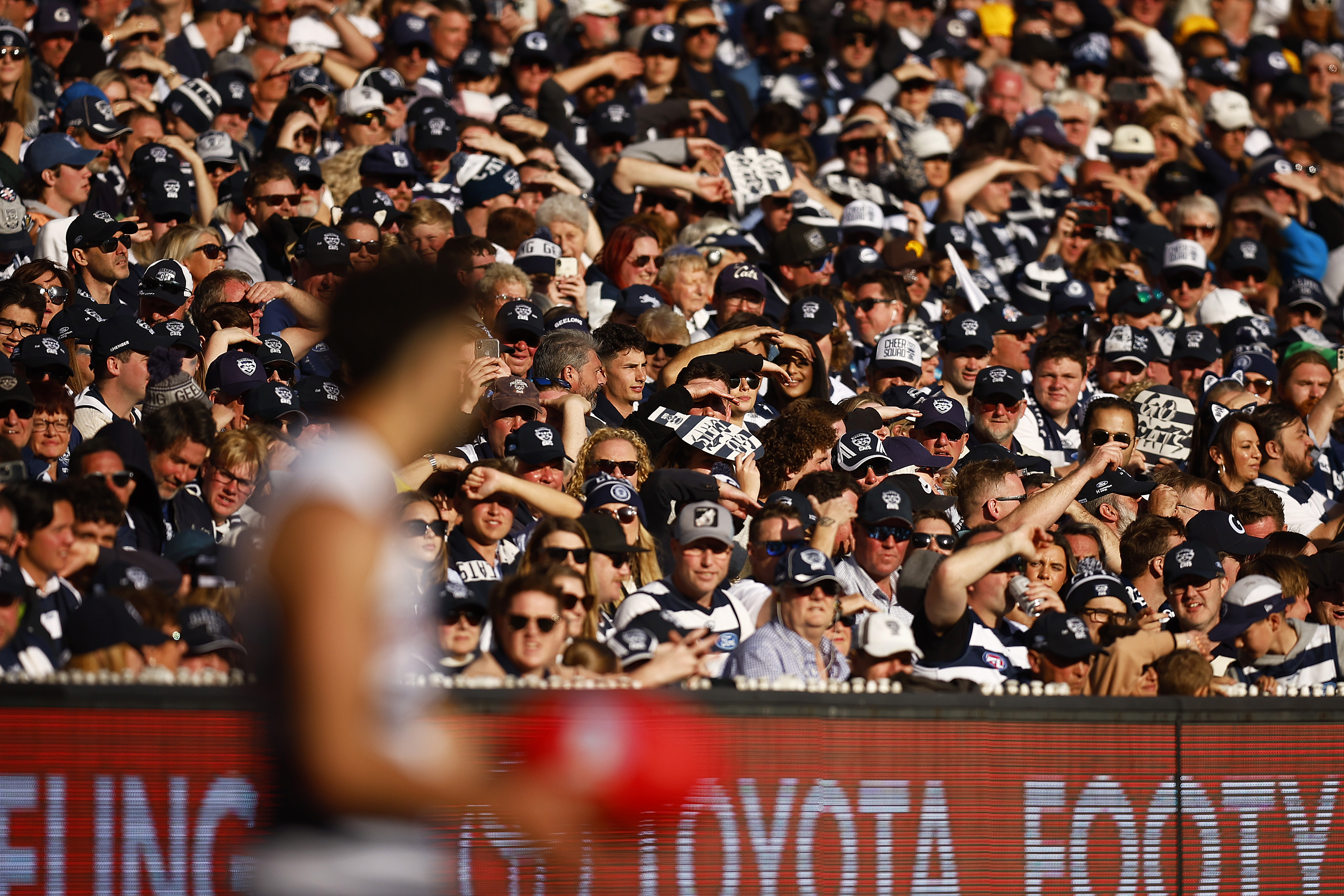 Cats fans look on as Tyson Stengle of the Cats lines up for goal during the 2022 AFL Grand Final match between the Geelong Cats and the Sydney Swans at the Melbourne Cricket Ground on September 24, 2022 in Melbourne, Australia. (Photo by Daniel Pockett/AFL Photos/via Getty Images)