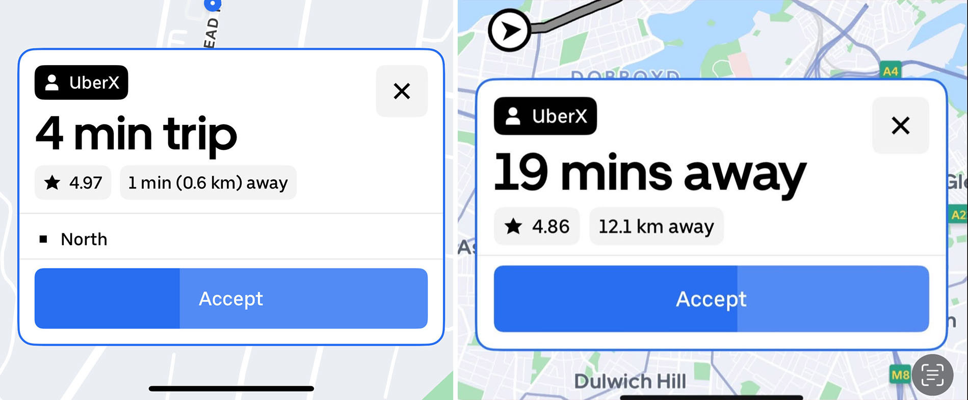A screenshot showing the different details shown to Aussie Uber drivers with an 85 per cent or more acceptance rate (left), and those with a lower rate (right) before accepting a ride.