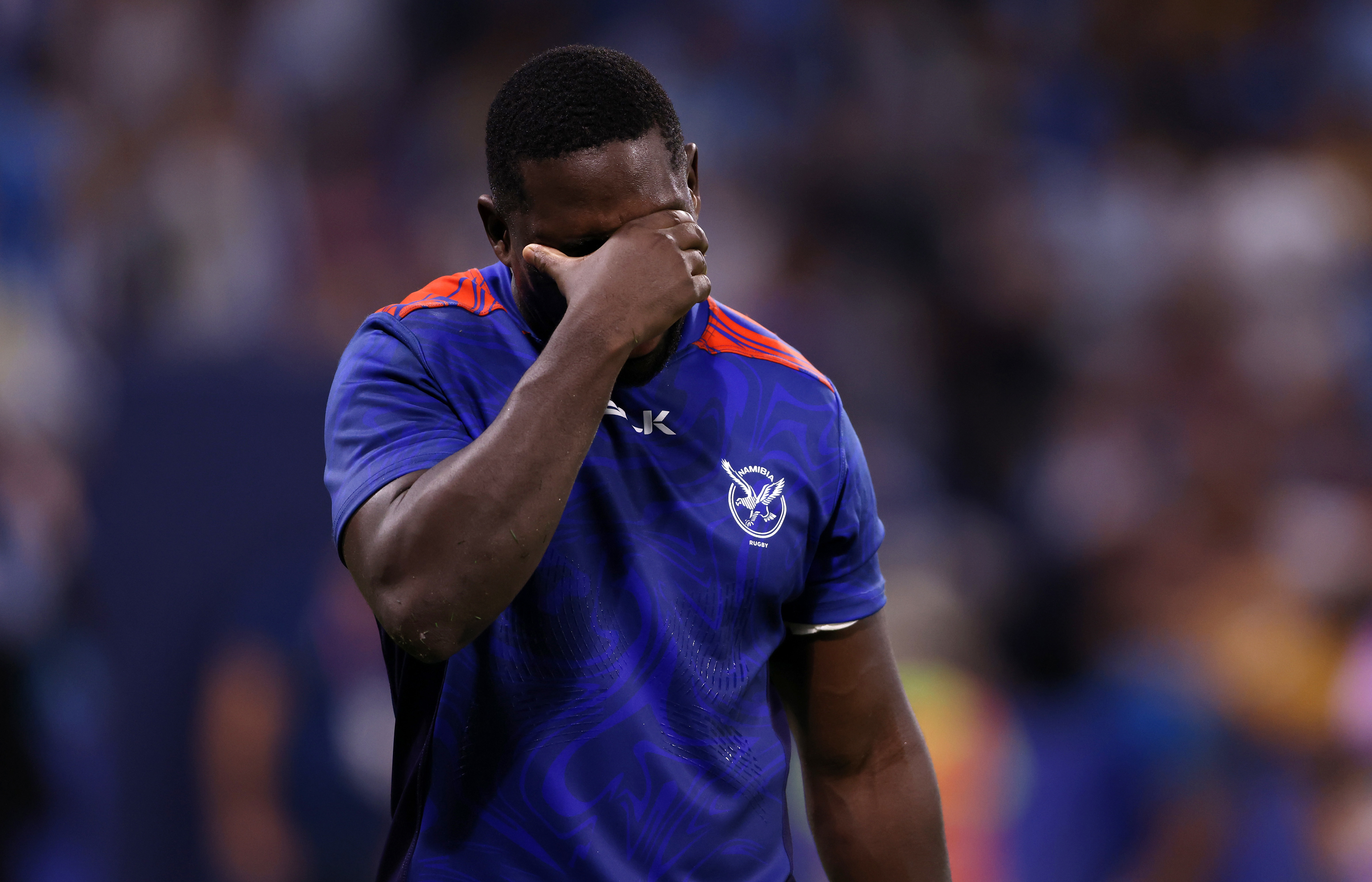 Max Katjijeko of Namibia  reacts after during the Rugby World Cup France 2023 match between Uruguay and Namibia at Parc Olympique on September 27, 2023 in Lyon, France. (Photo by Paul Harding/Getty Images)