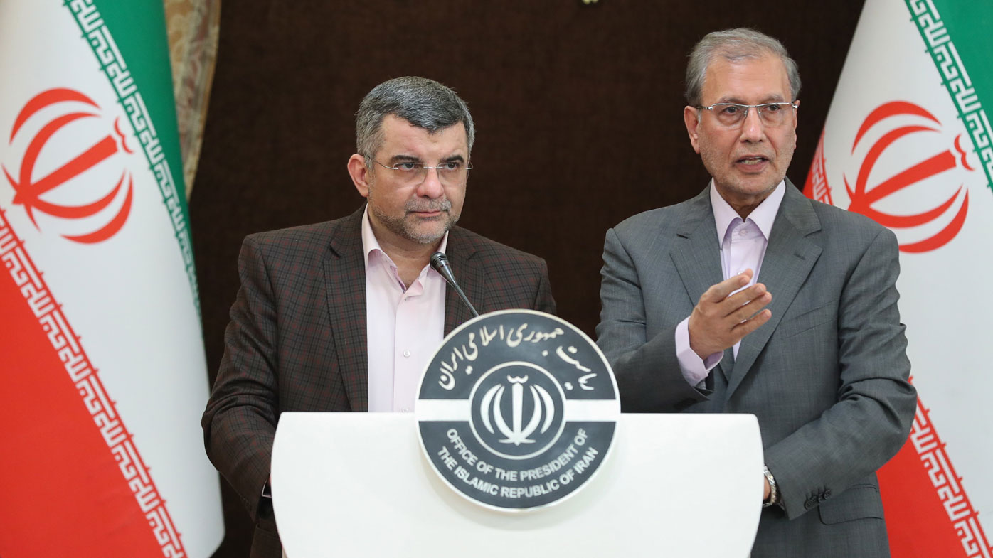 Deputy of Iranian health minister Iraj Harirchi (L) standing next to the Iranian government spokesman Ali Rabie (R) during a presser in Tehran, Iran, 24 February 2020 (issued 25 February). Media reported that Harirchi was diagnosed by coronavirus on 25 February