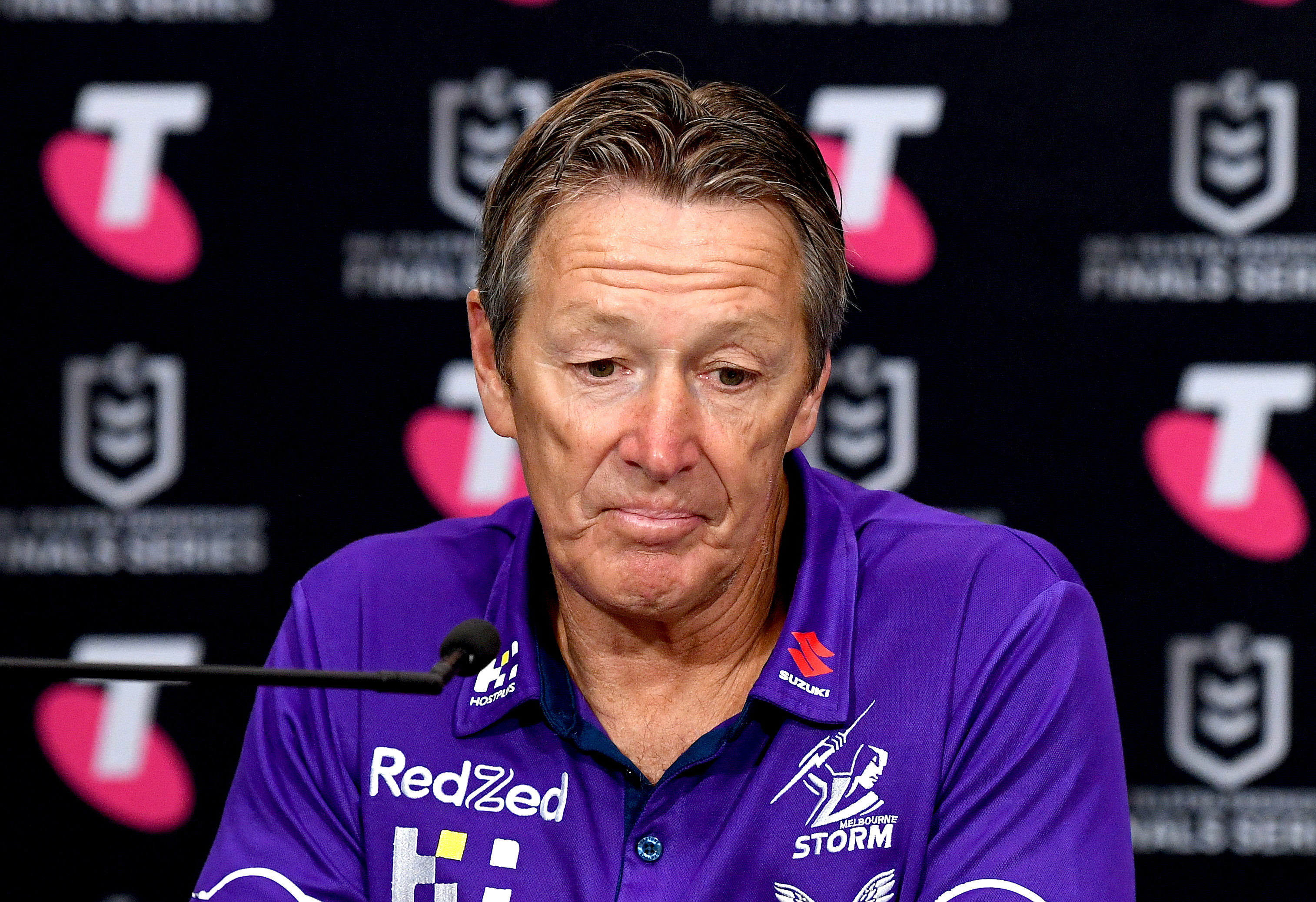 Coach Craig Bellamy of the Melbourne Storm speaks during a press conference.