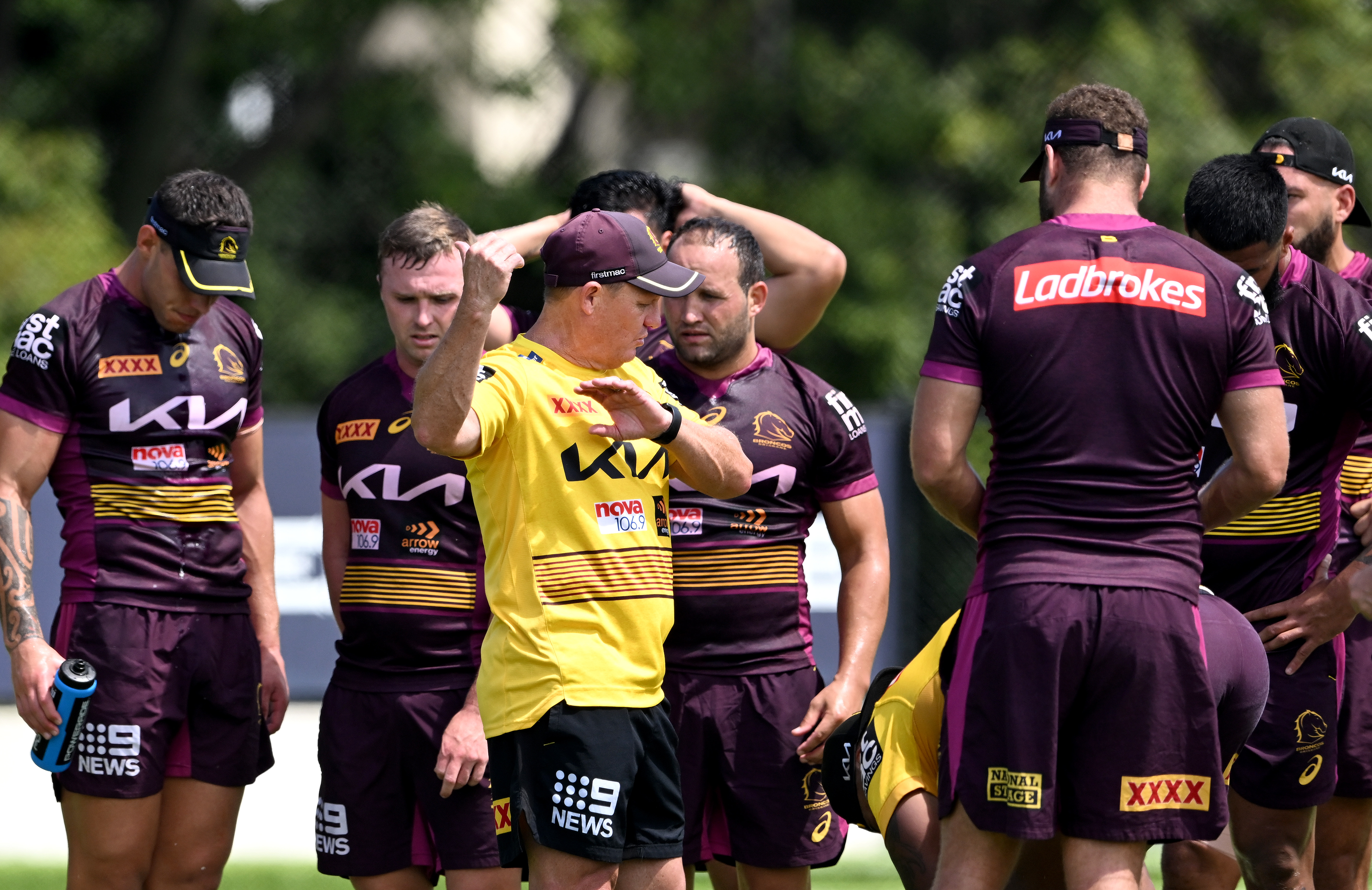 Coach Kevin Walters talks to his players during a Brisbane Broncos NRL training session at Clive Berghofer Centre.