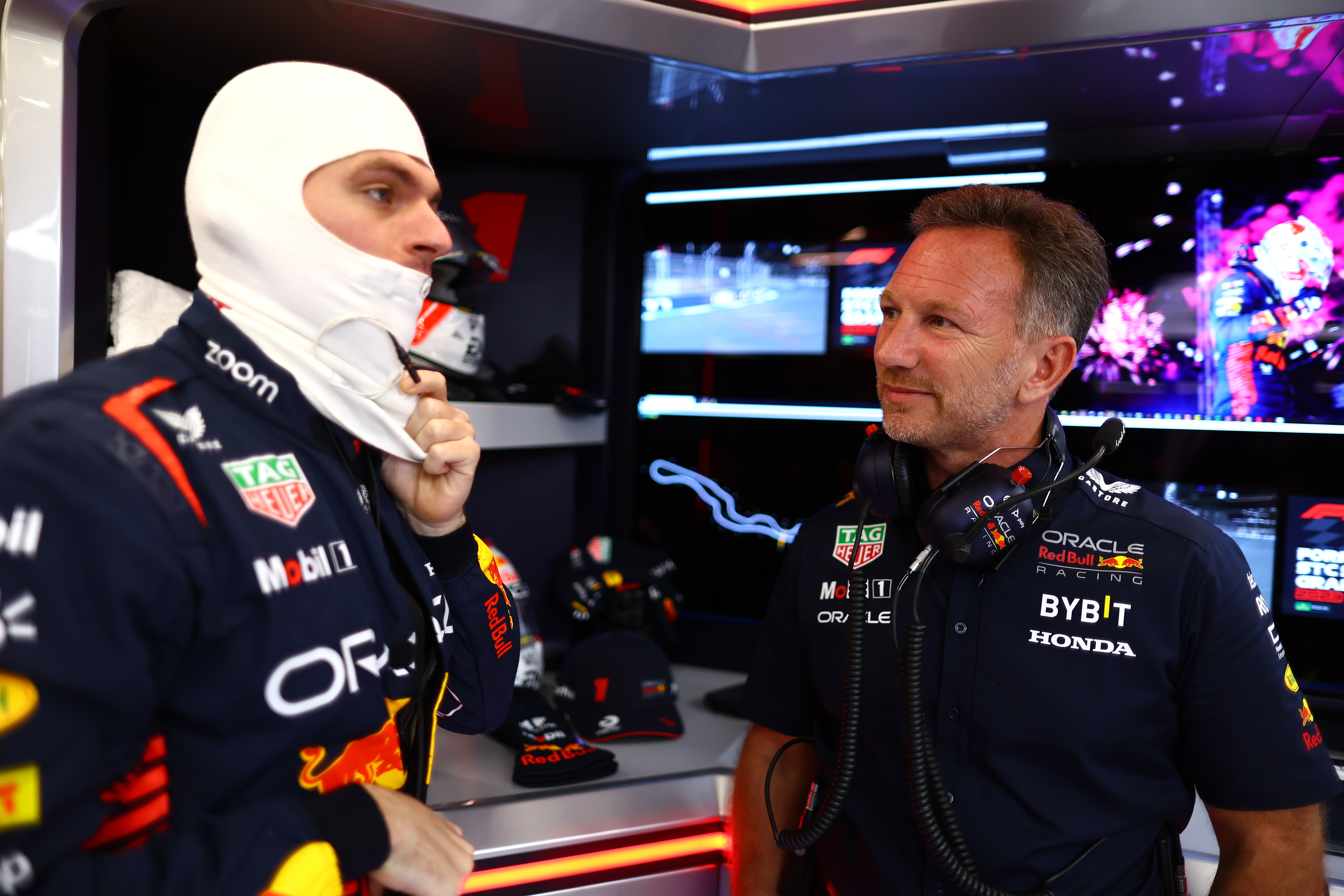 Max Verstappen of the Netherlands and Oracle Red Bull Racing talks with Red Bull Racing team principal Christian Horner in the garage during qualifying ahead of the F1 Grand Prix of Saudi Arabia. (Photo by Mark Thompson/Getty Images)