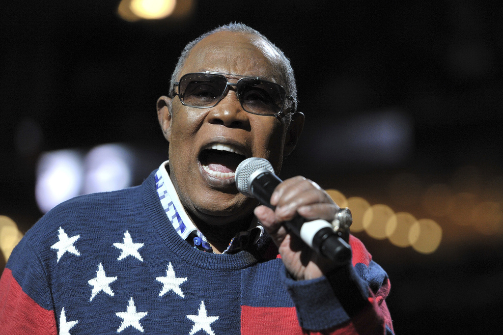 FILE - Rock and Roll Hall of fame inductee Sam Moore, half of the soul duo Sam & Dave, performs during halftime at an NBA basketball game as part of the Memphis Grizzlies 13th annual MLK Jr. Celebration Day on Jan. 19, 2015, in Memphis, Tenn. (AP Photo/Brandon Dill, File)