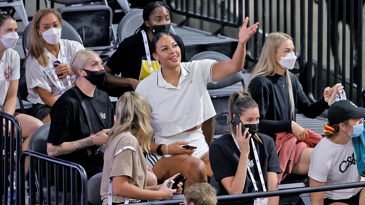 Liz Cambage of the Las Vegas Aces and the Opals attend an exhibition game between Nigeria and the United States ahead of the Tokyo Olympic Games