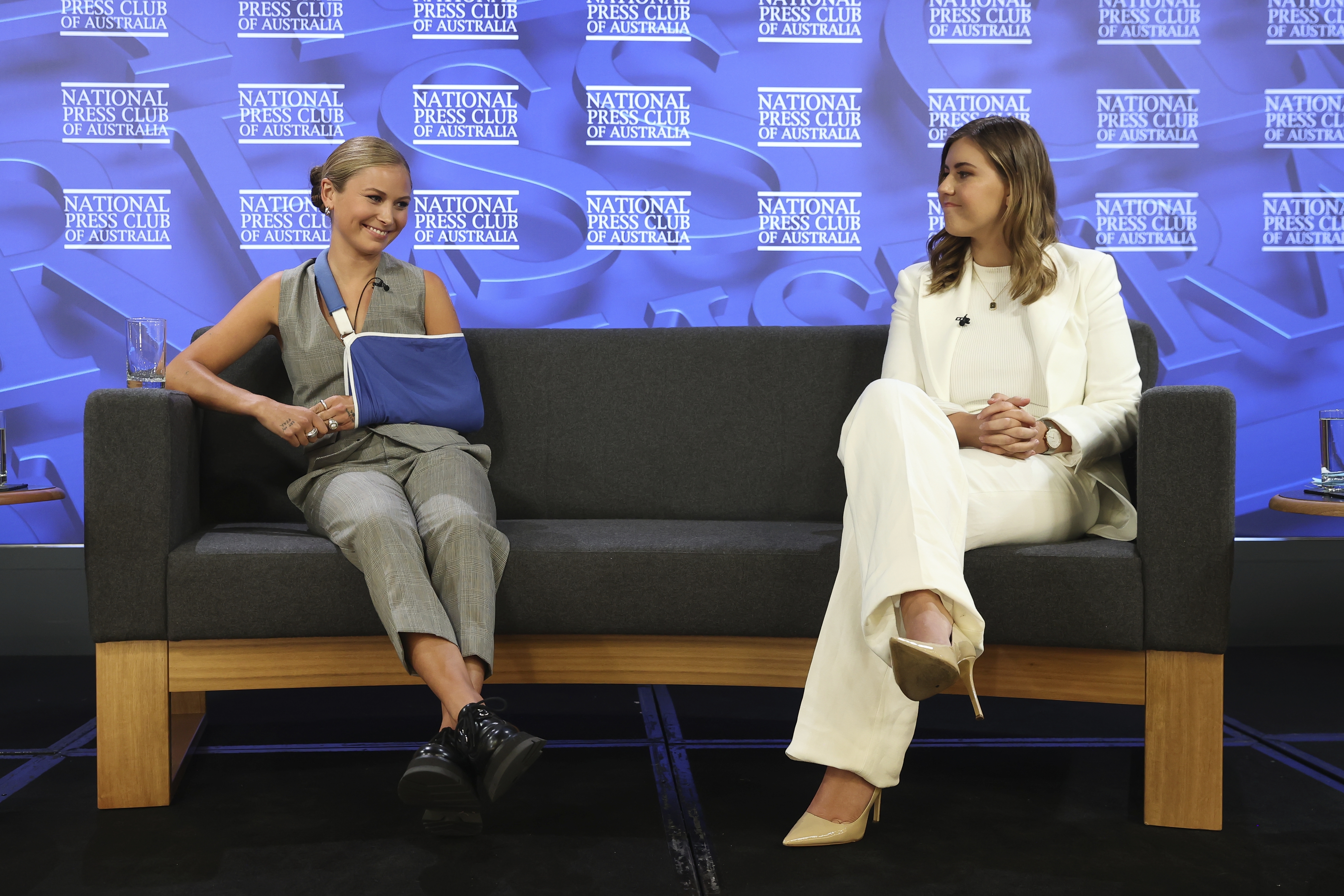 Advocates for survivors of sexual assault and abuse, Grace Tame and Brittany Higgins, during their address to the National Press Club of Australia in Canberra on Wednesday 9 February 2022. fedpol Photo: Alex Ellinghausen