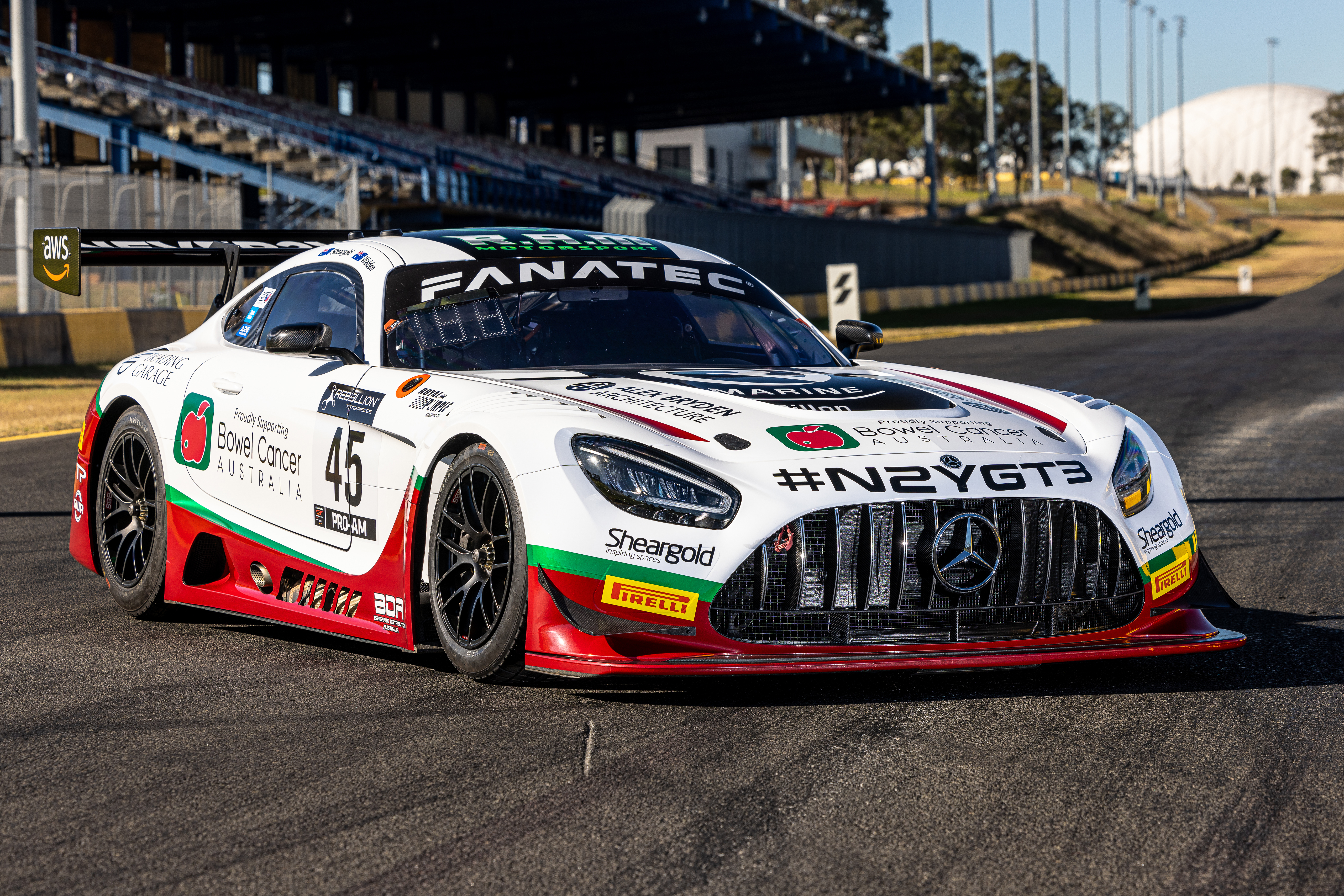Michael Sheargold's Mercedes-AMG GT3 sporting the Bowel Cancer Australia logo.