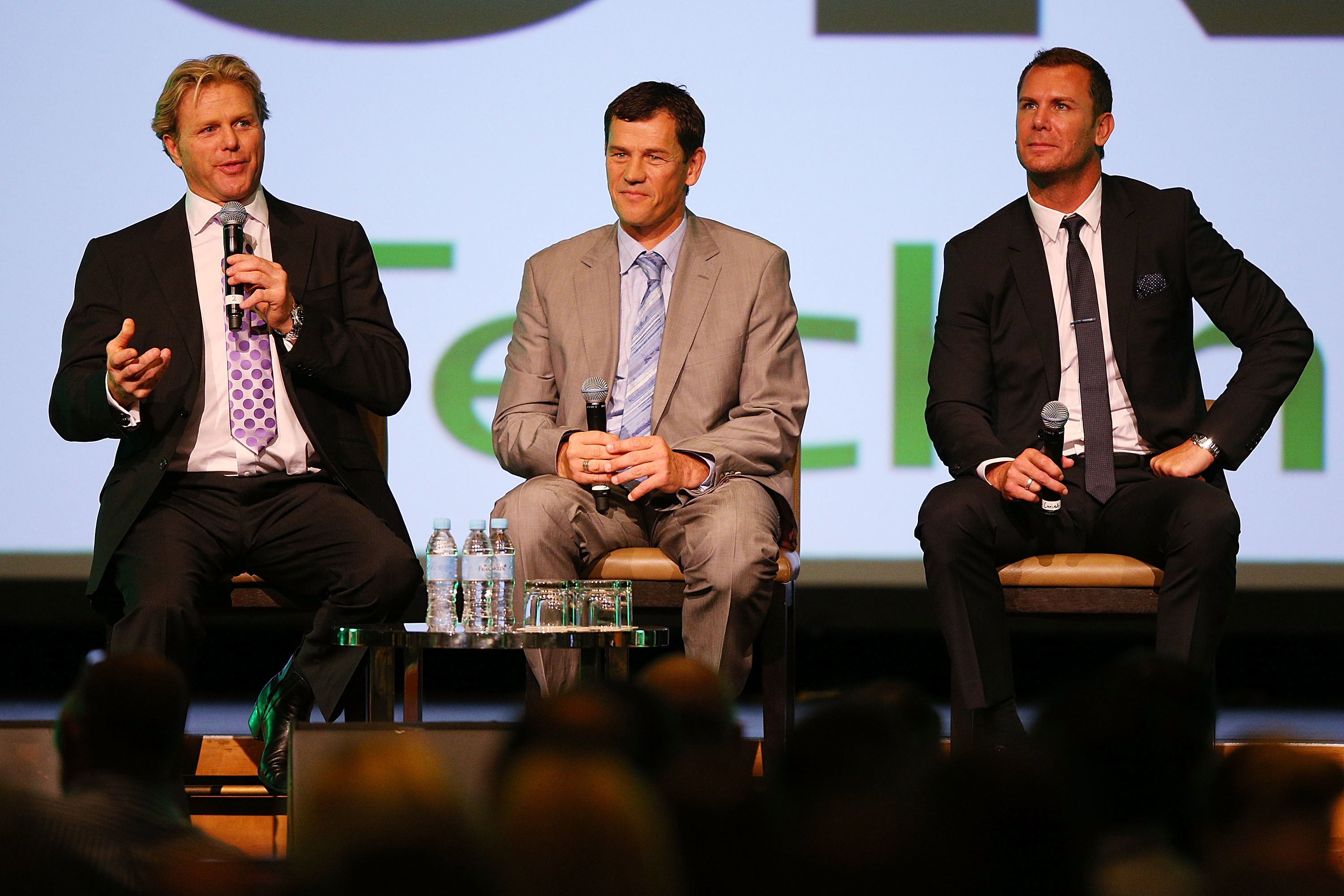 Wayne Carey alongside Dermott Brereton and ex Dockers coach Mark Harvey on a panel in 2014.