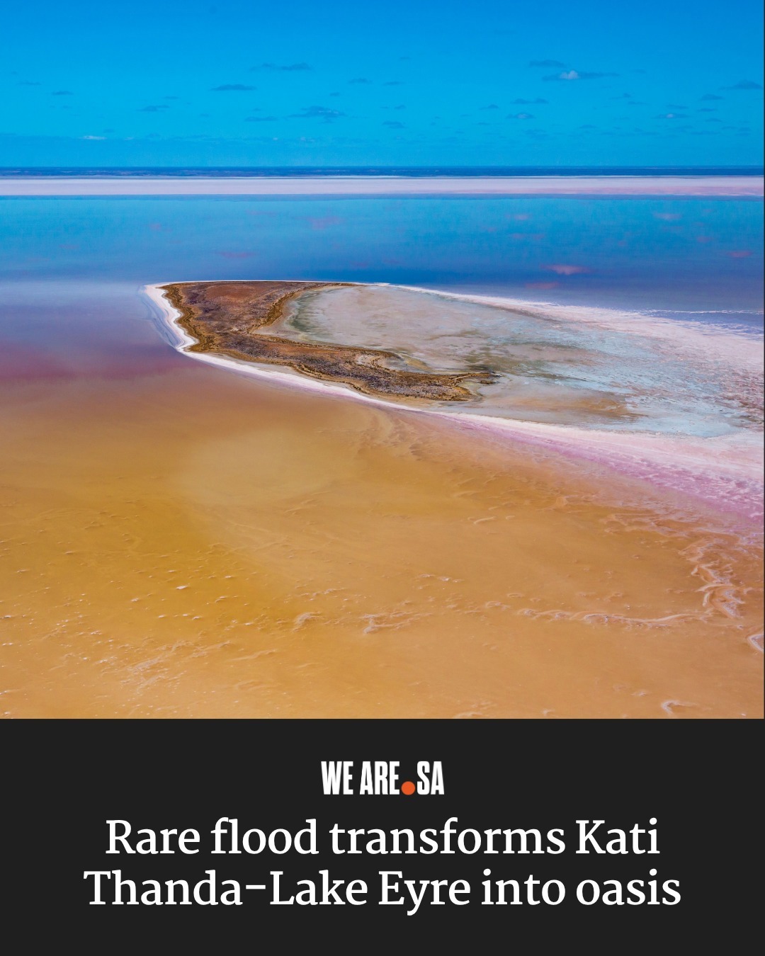 ﻿Kati Thanda-Lake Eyre is a dry salt bed in the lowest point in Australia, sitting 15 metres below sea level, and covers about 9500 square kilometres.