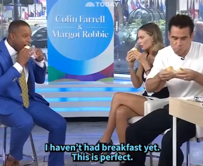 Margo Robbie and Colin Farrell eat chip sandwiches on US Today