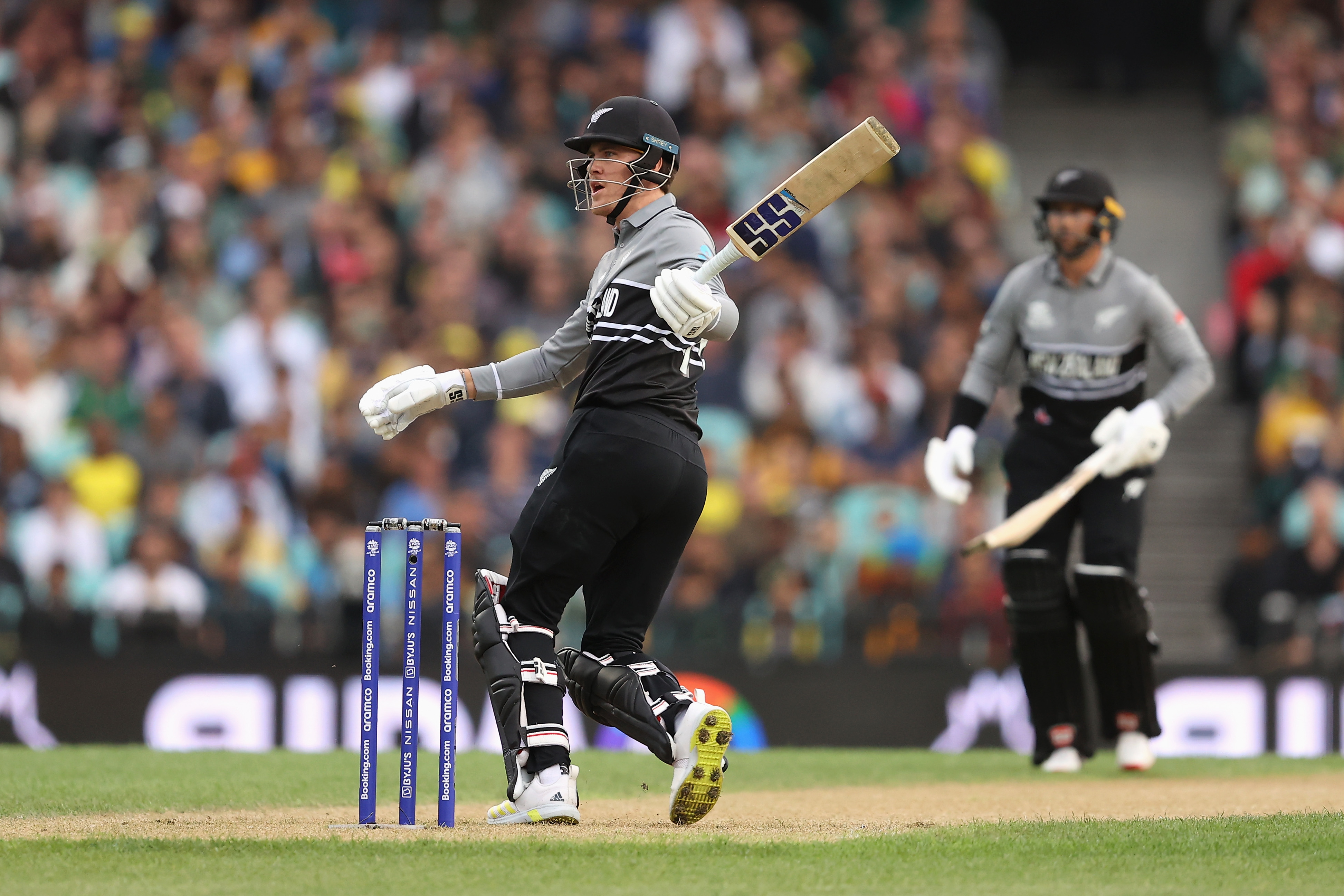 SYDNEY, AUSTRALIA - OCTOBER 22: Finn Allen of New Zealand bats during the ICC Men's T20 World Cup match between Australia and New Zealand at Sydney Cricket Ground on October 22, 2022 in Sydney, Australia. (Photo by Mark Kolbe/Getty Images)