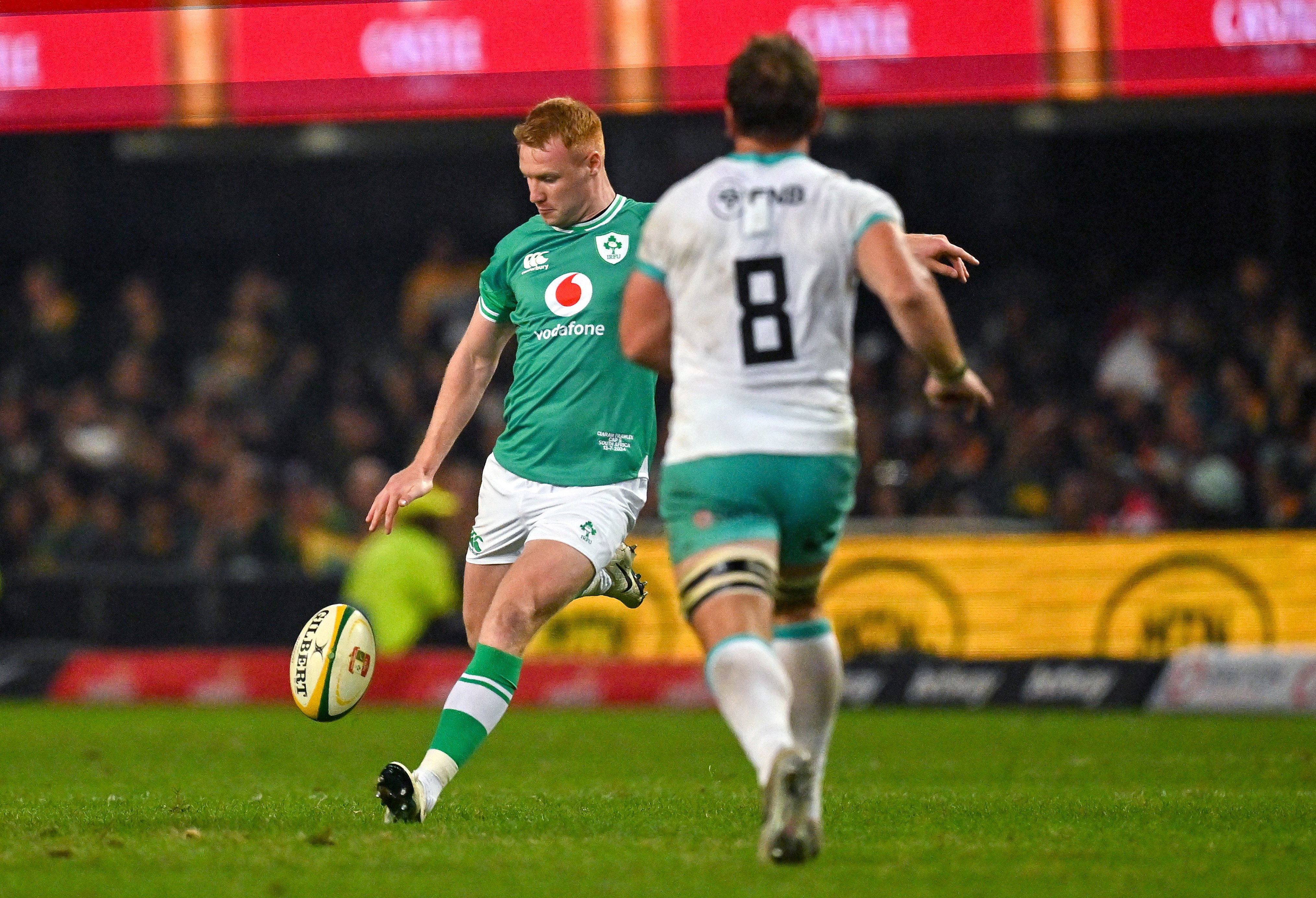 Ciaran Frawley of Ireland kicks a drop goal.